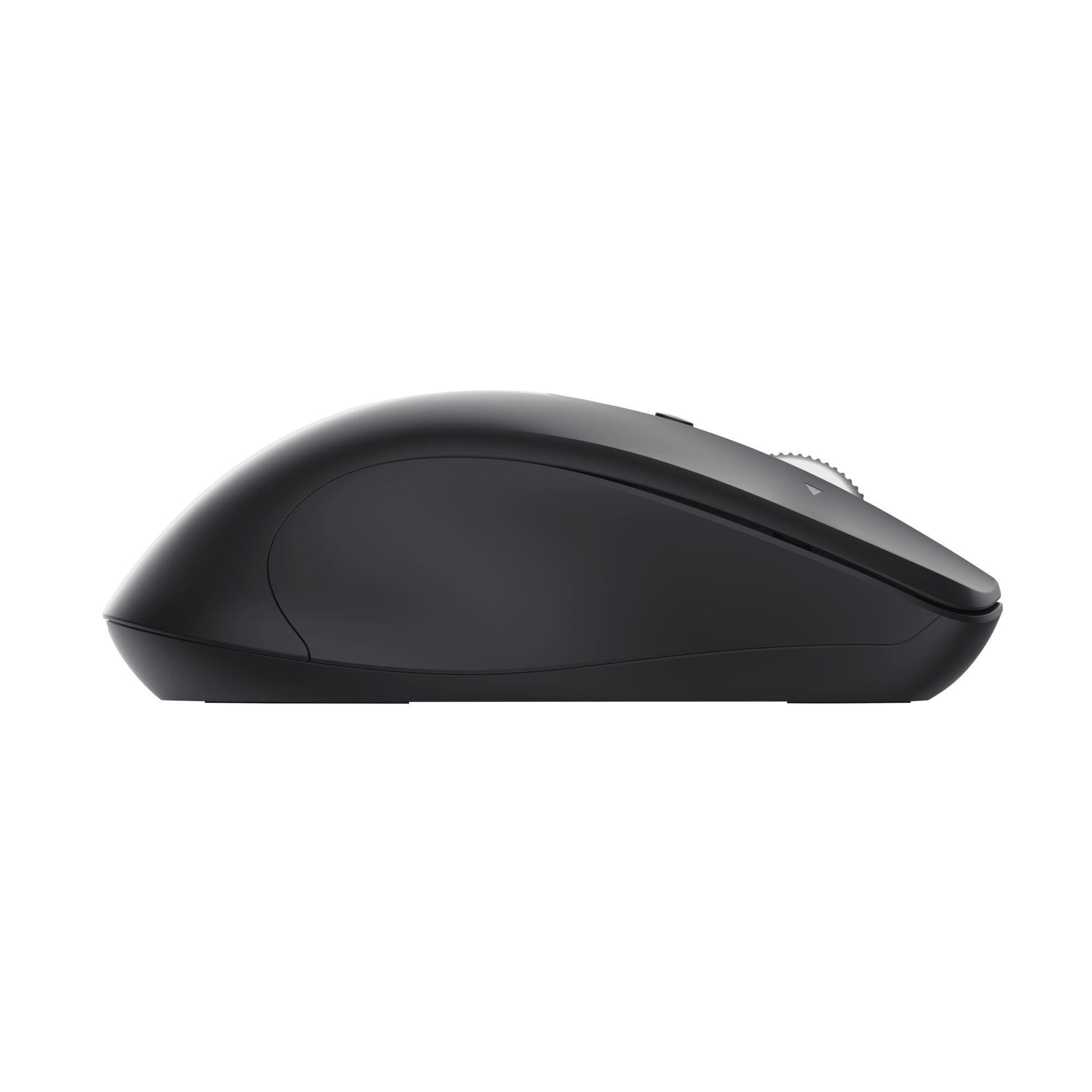Zwarte computermuis van de zijkant gezien met scrollwiel.