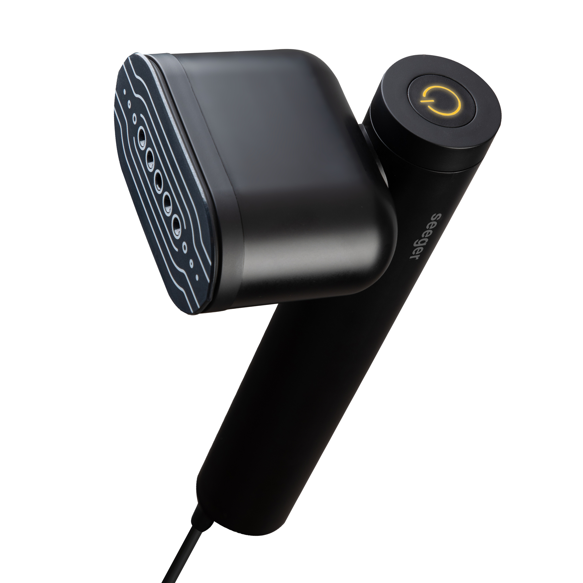 A black handheld steamer with a power symbol and multiple nozzles.