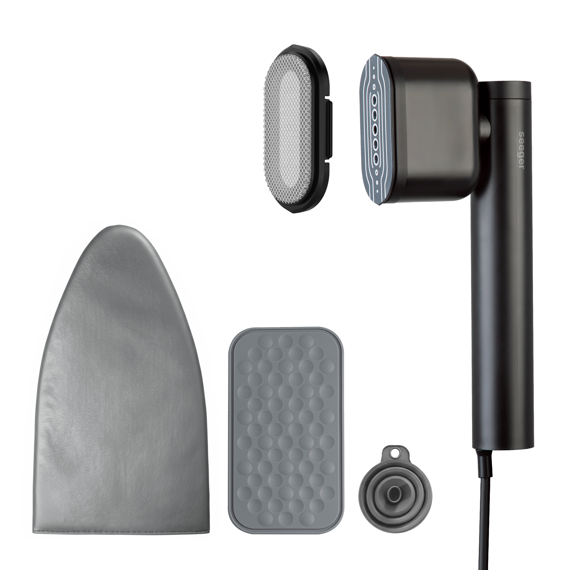 A black garment steamer with accessories: brush, ironing mat, silicone pad, and collapsible funnel.