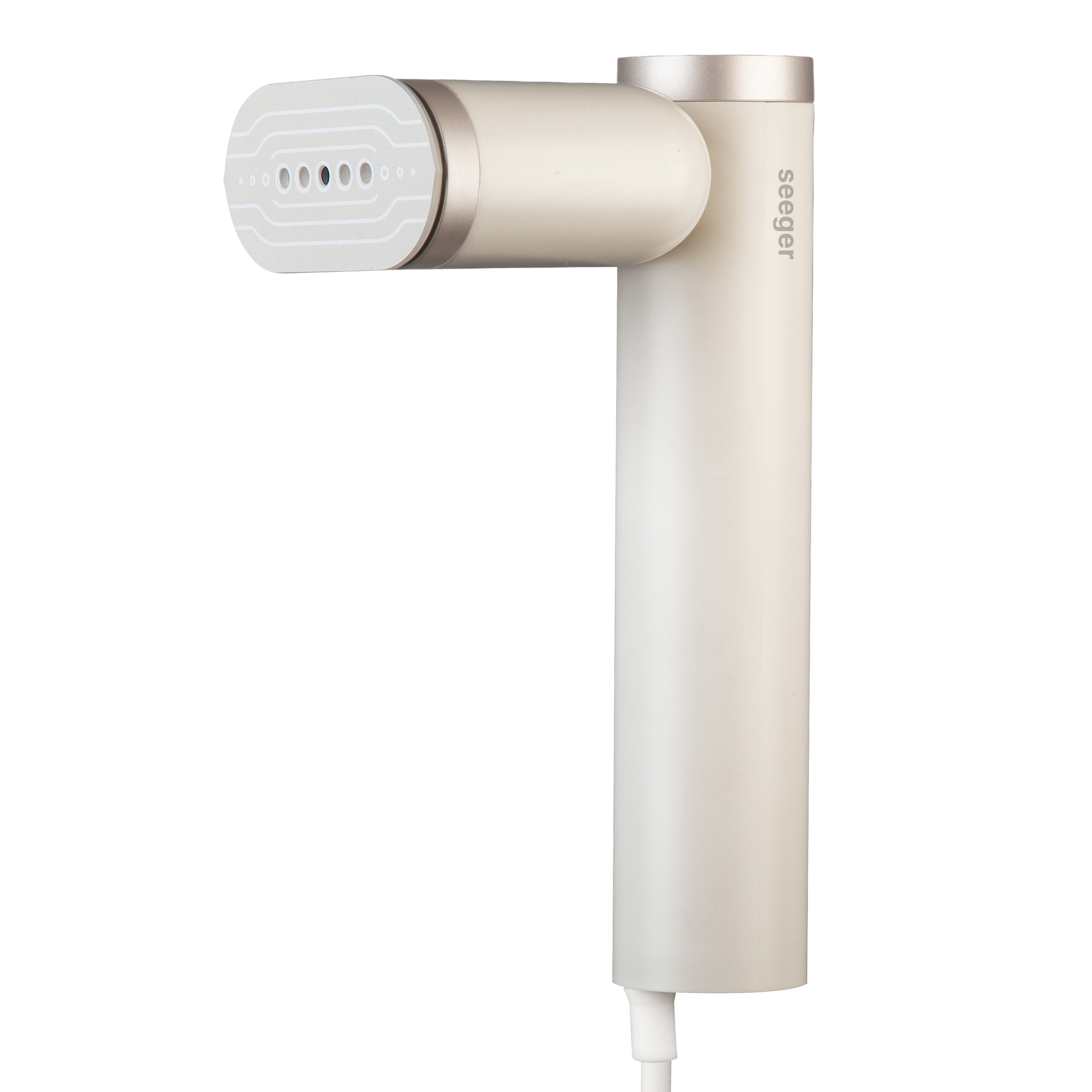 A white handheld steamer with silver accents and the brand name 'seeger'.