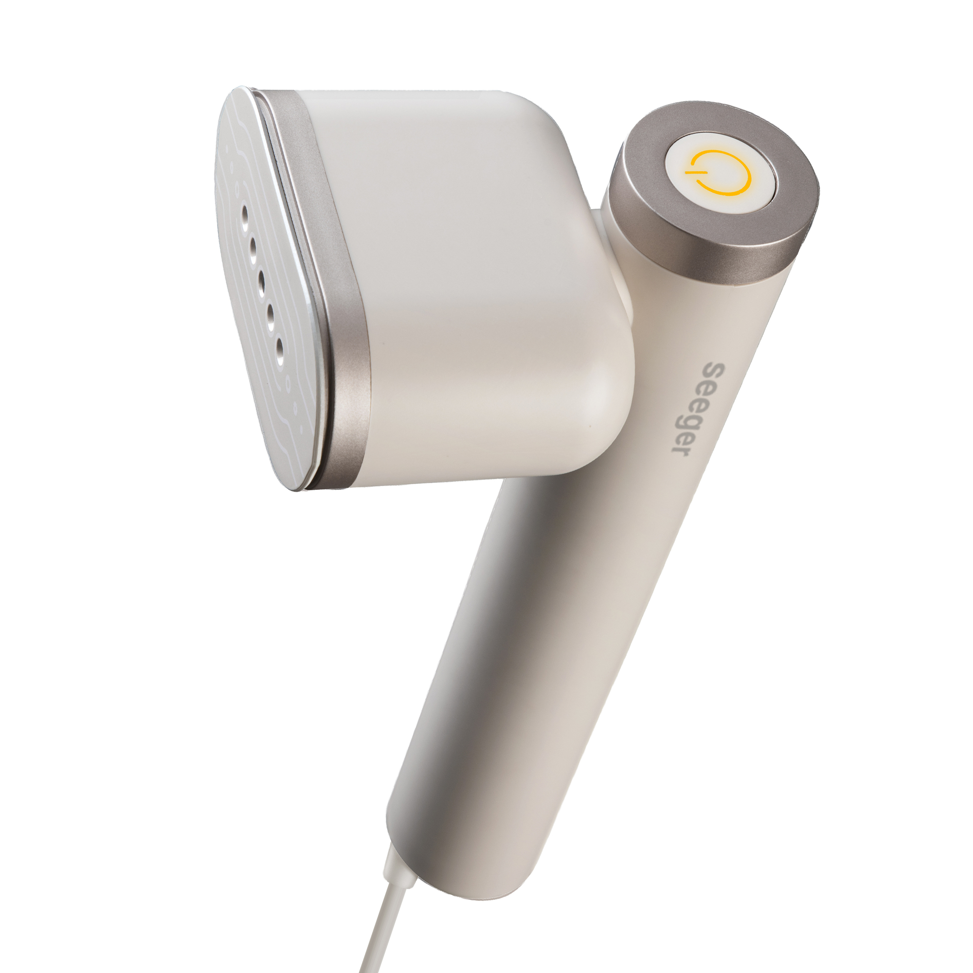 A beige portable garment steamer with a silver accent and a power button.