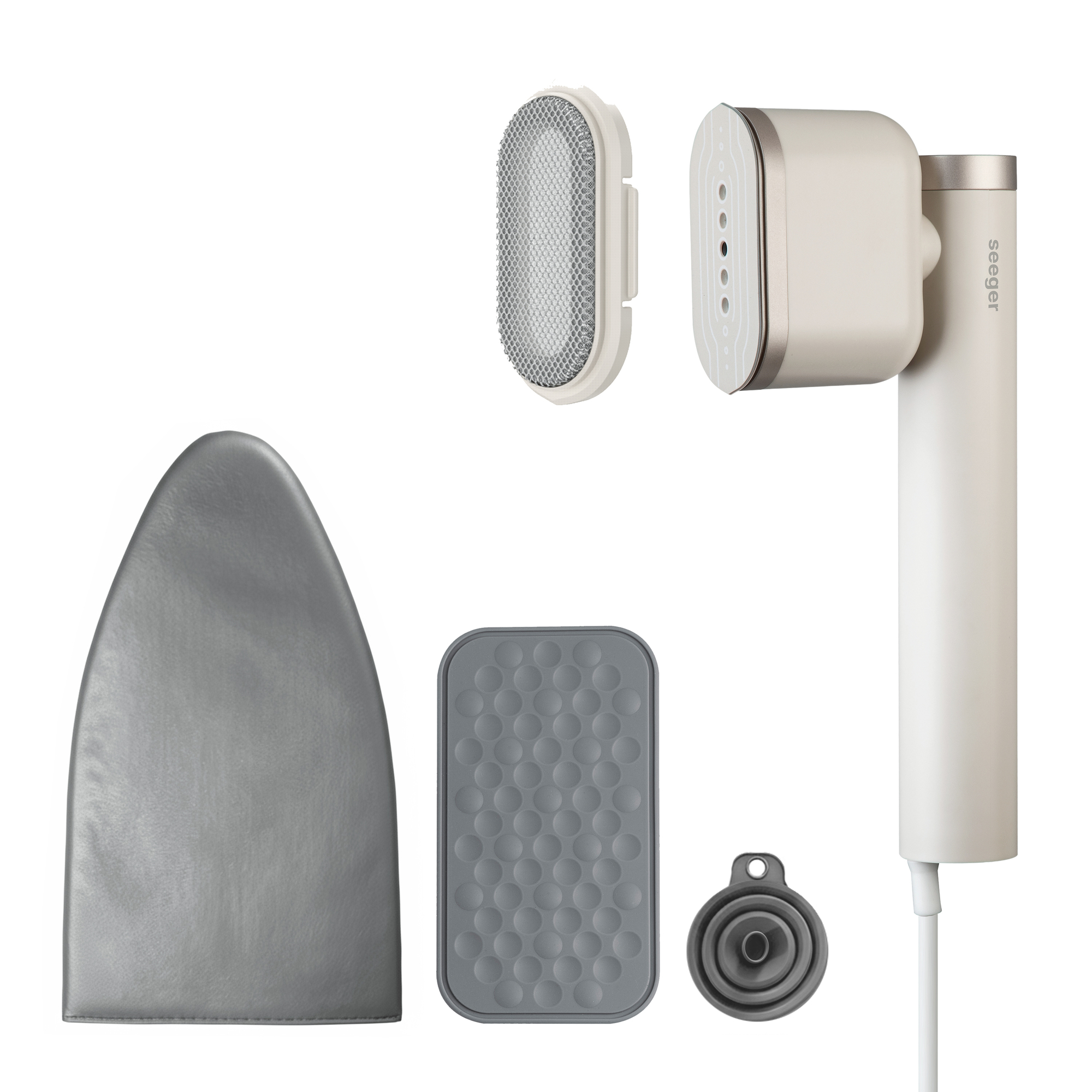 A portable garment steamer set with attachments on a white background.