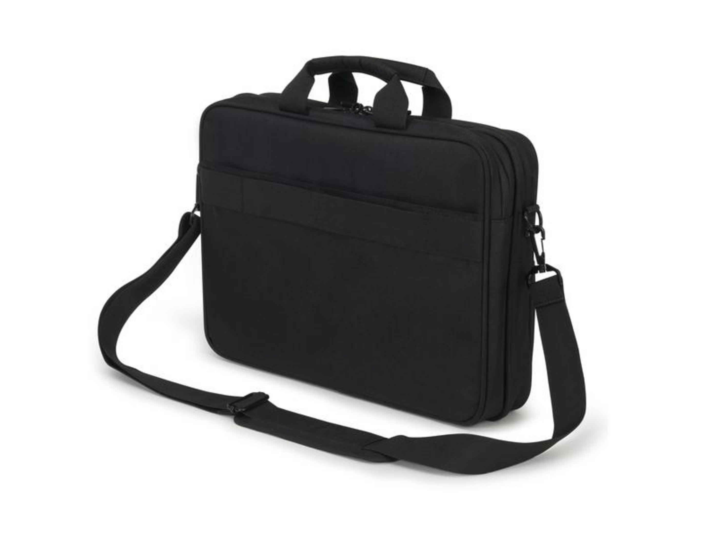 Borsa nera per laptop con manico e tracolla, su sfondo bianco.