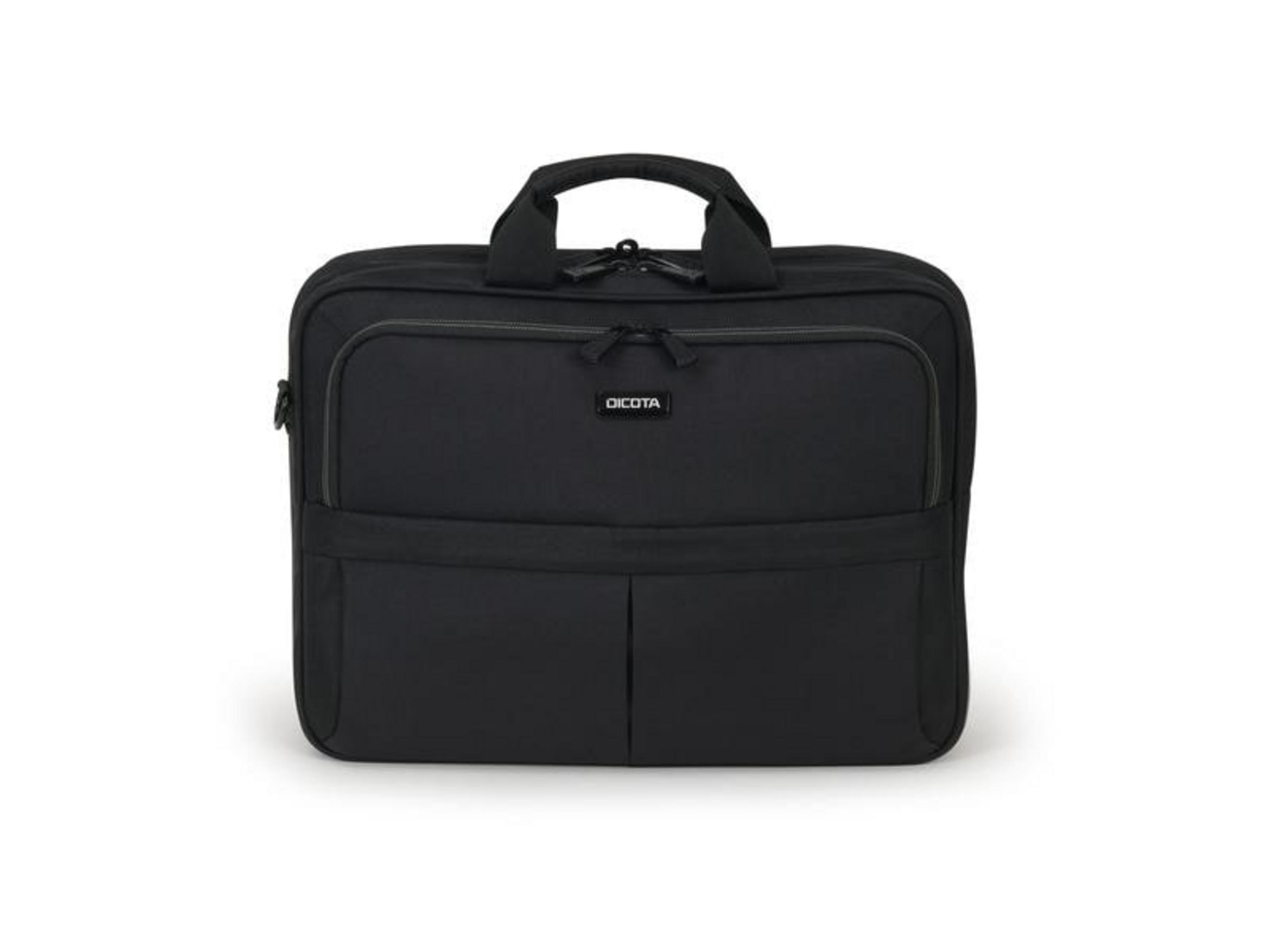 Borsa nera per laptop con manici e cerniere.