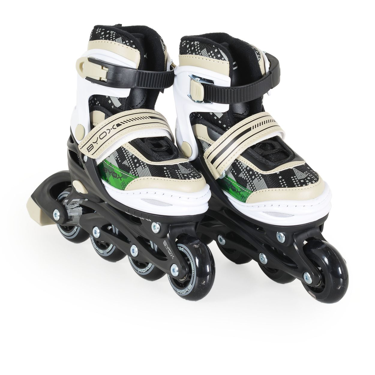 Inline-Skates mit schwarzem, beigem und weißem Design, mit grünen Akzenten.