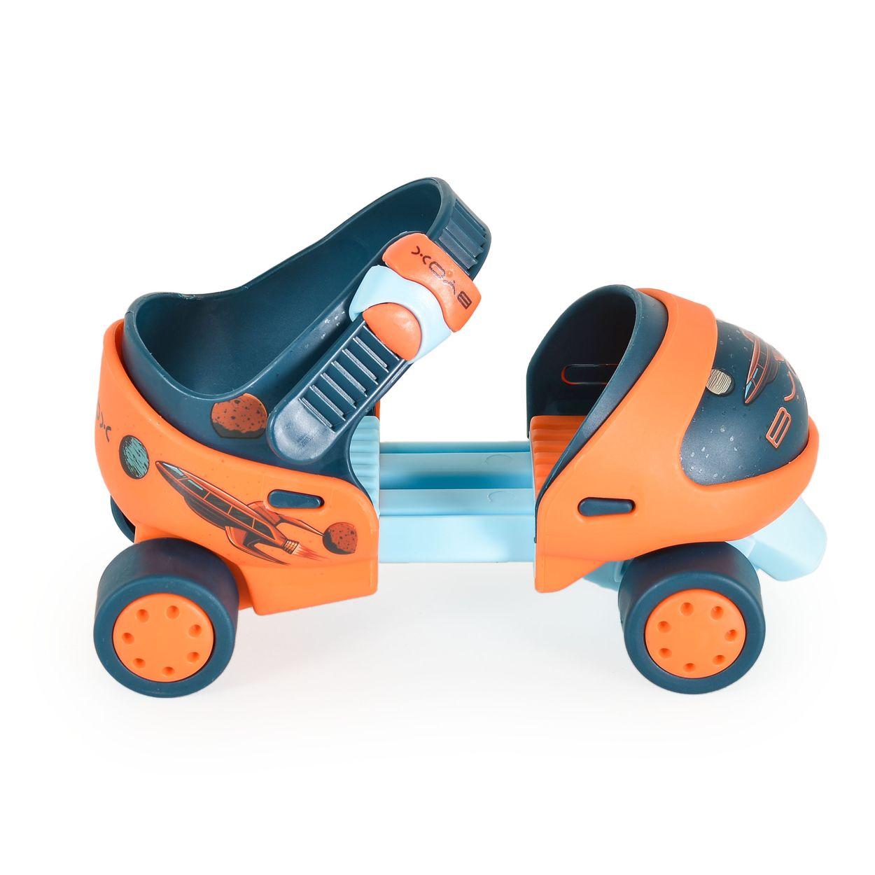 Ein verstellbarer Rollschuh in Orange und Blau mit Raketen- und Weltraumdesign.