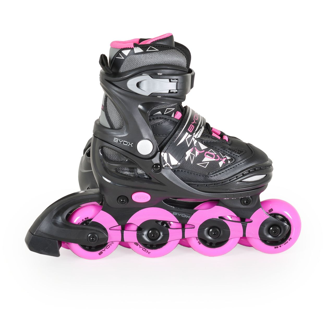 Schwarzer Rollschuh mit pinken Rädern und Schnallen, weiße Details.
