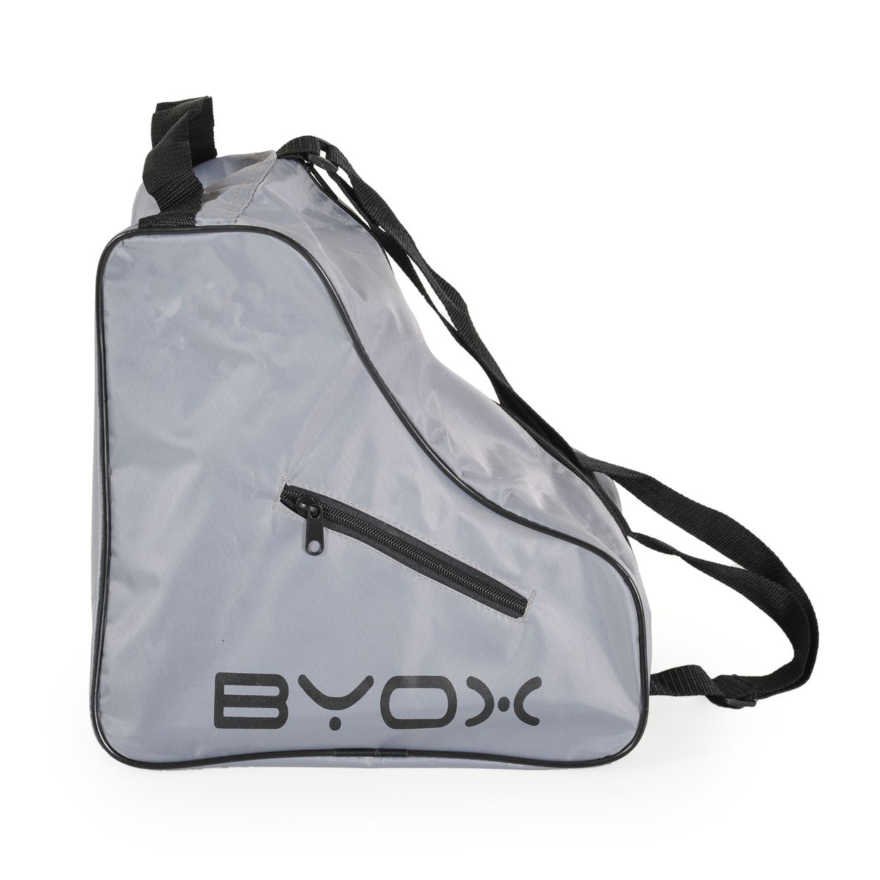 Graue Tasche mit schwarzem Reißverschluss und Logo, Tragegriff und Schultergurt.