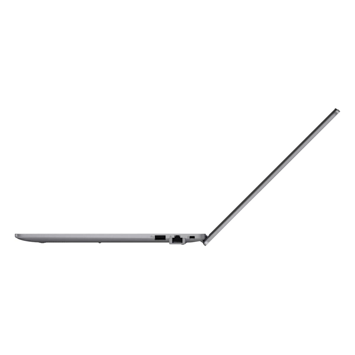 Silberner Laptop im Seitenprofil mit geöffnetem Bildschirm.