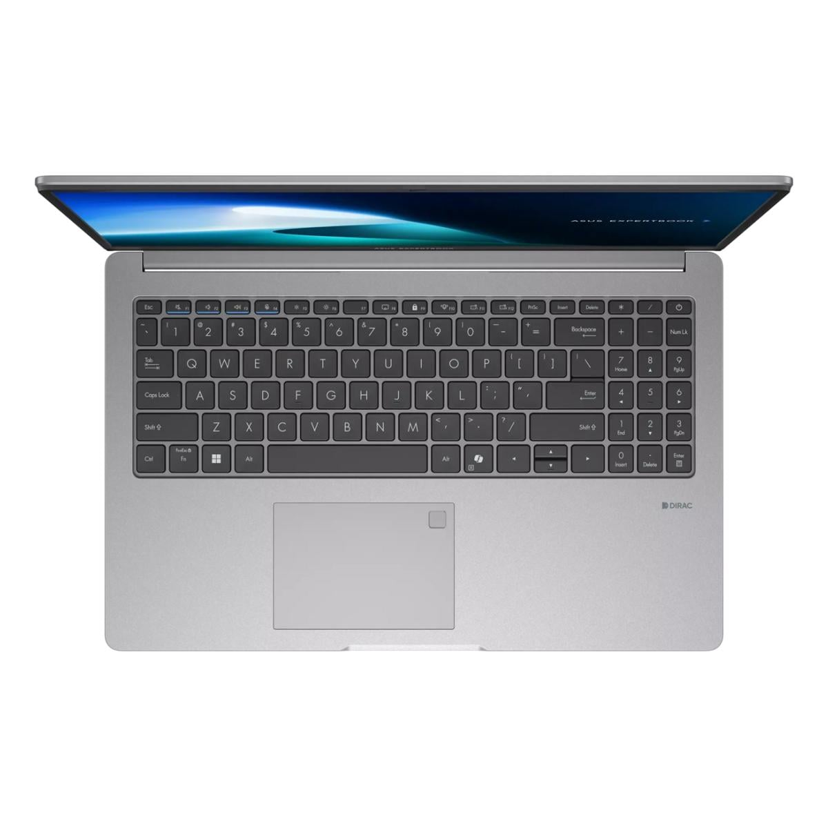 Ein silberner Laptop, von oben gesehen, mit geöffnetem Bildschirm und Tastatur.