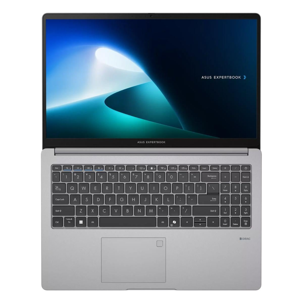 Ein silberner Asus Expertbook Laptop mit einem blauen und türkisfarbenen Hintergrundbild.