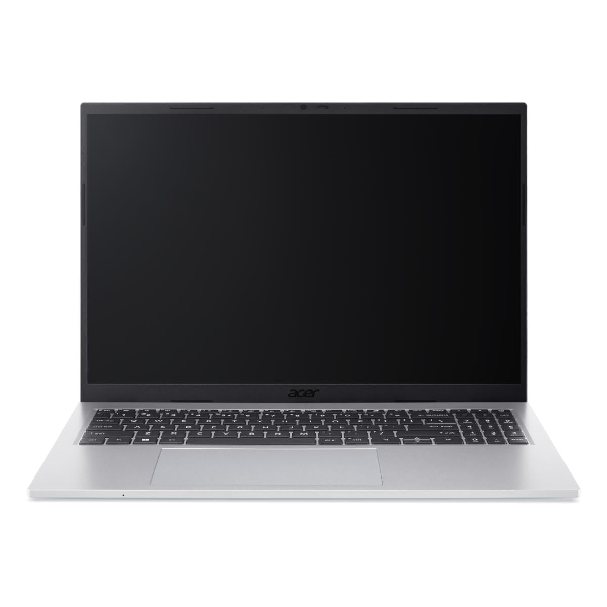 Ein silberner Acer Laptop mit schwarzem Bildschirm und Tastatur.