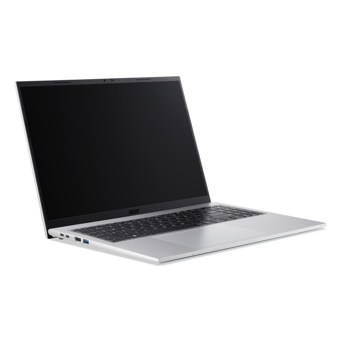 Ein silberner Acer Laptop mit geöffnetem schwarzen Bildschirm und Tastatur.