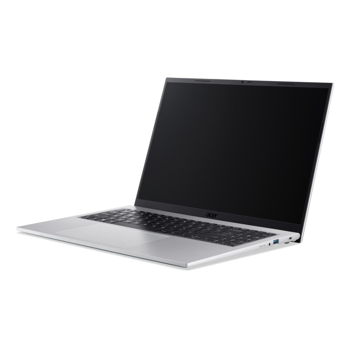 Ein silberner Laptop mit schwarzem Bildschirm, von links gezeigt.