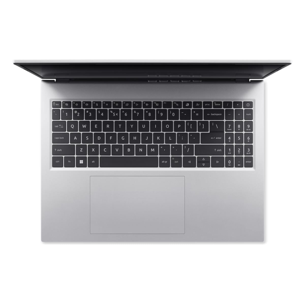 Draufsicht auf einen offenen silbernen Laptop, Tastatur und Trackpad.