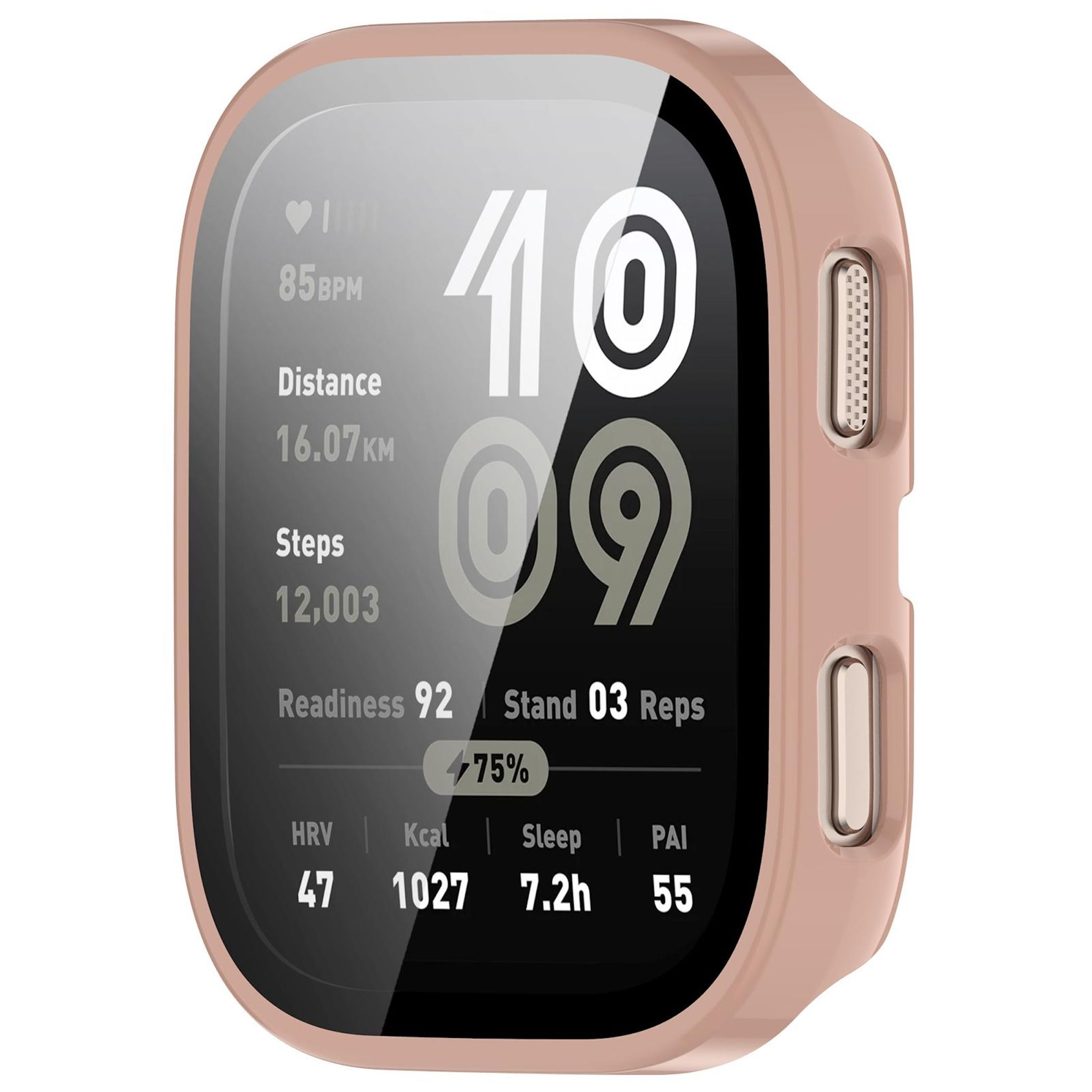 Smartwatch rosa mostra battito cardiaco, distanza, passi, prontezza e sonno.