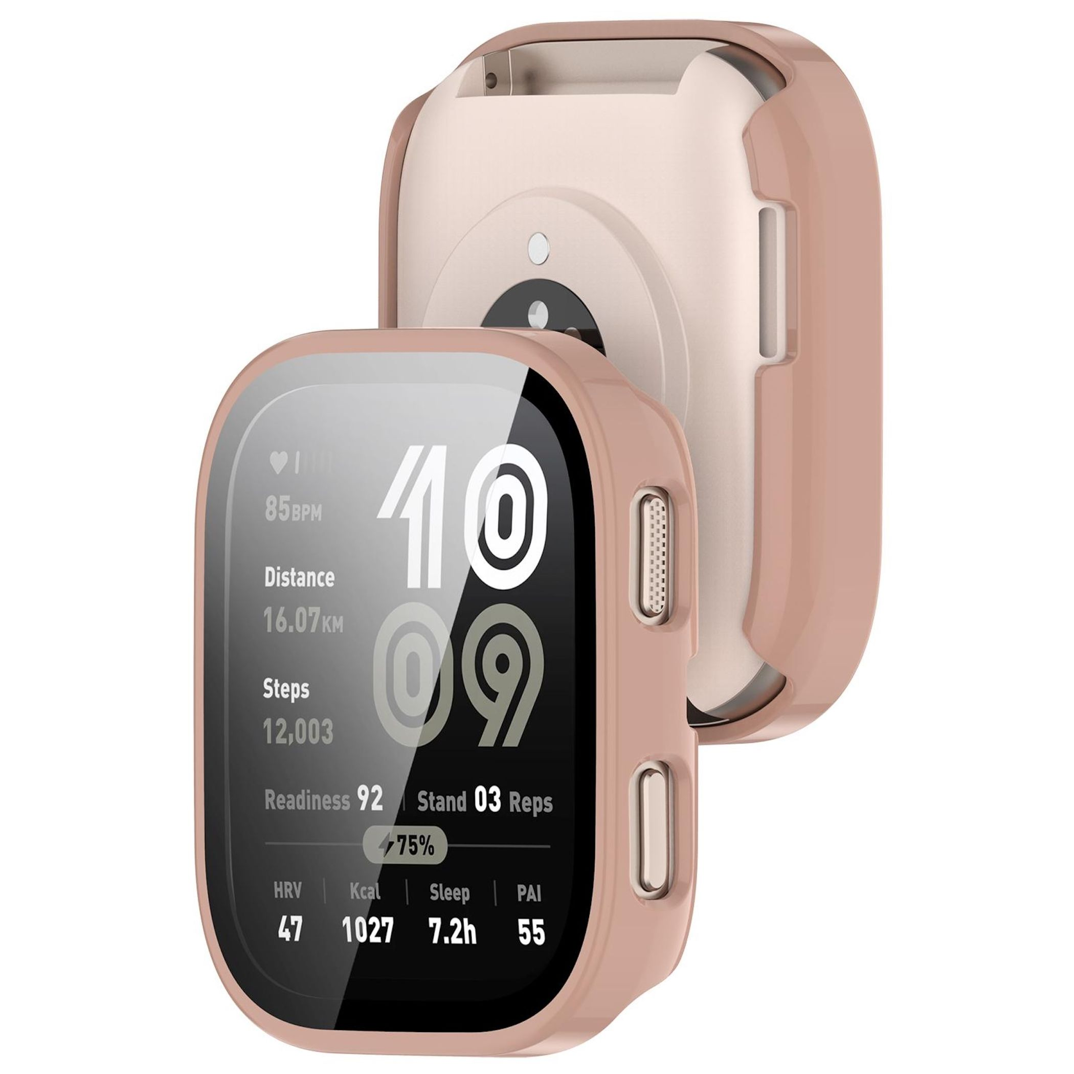 Un display di smartwatch color oro rosa con battito cardiaco, distanza e passi.
