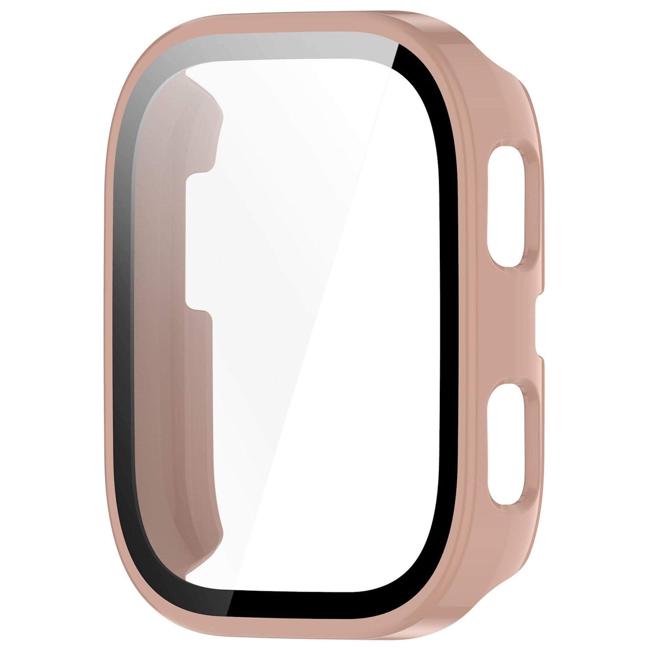 Una cassa di smartwatch color oro rosa con protezione schermo trasparente.