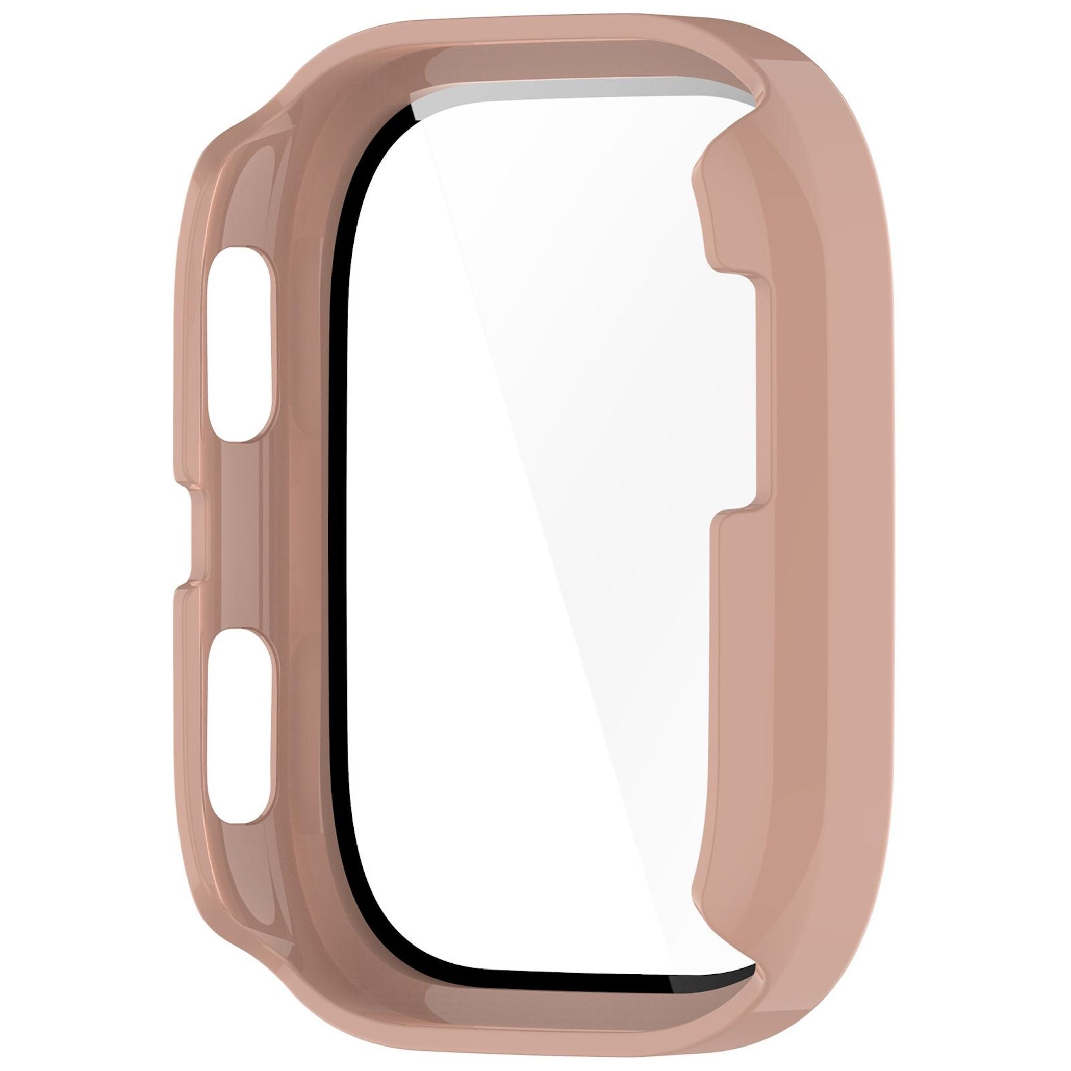 Una custodia protettiva per smartwatch color oro rosa con ritagli per pulsanti.