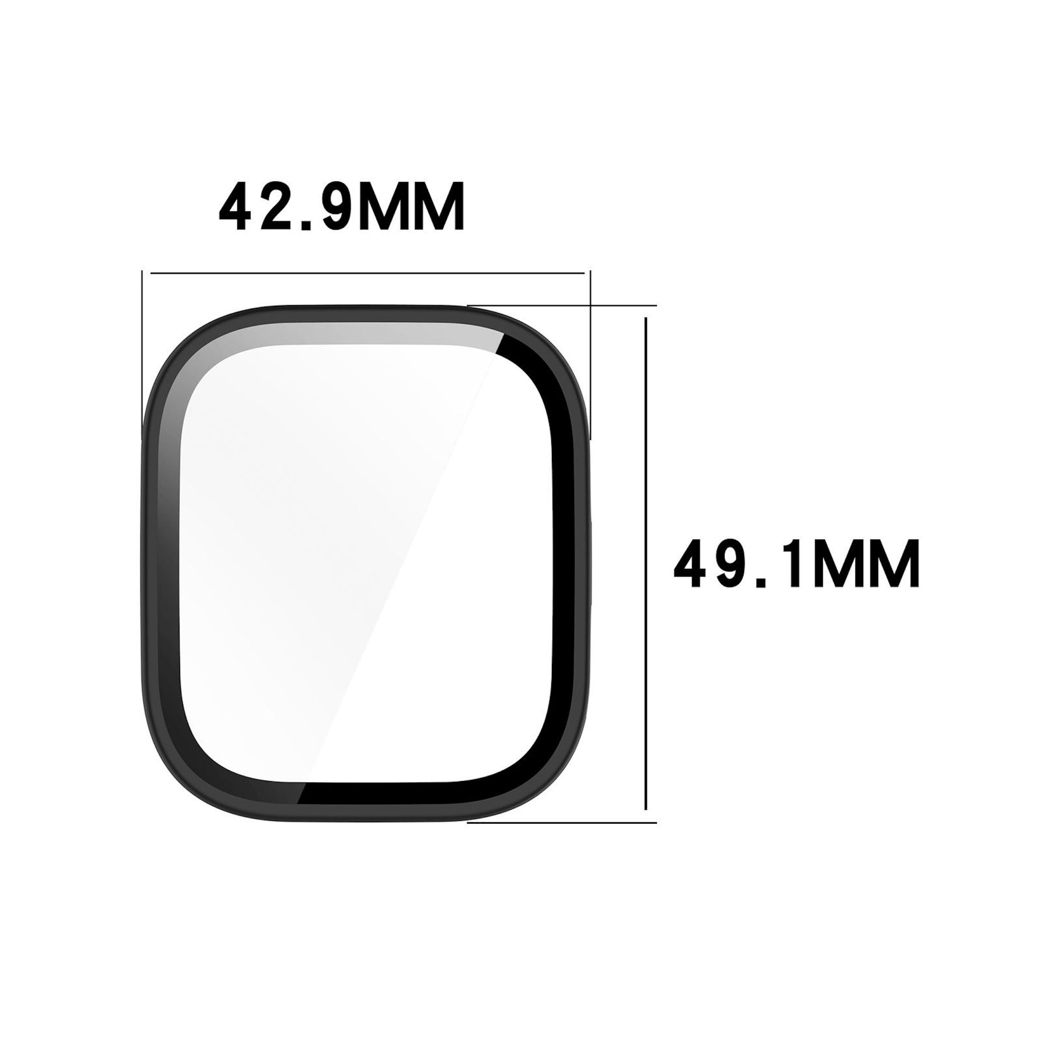Una protezione schermo nera misura 42,9 mm x 49,1 mm.