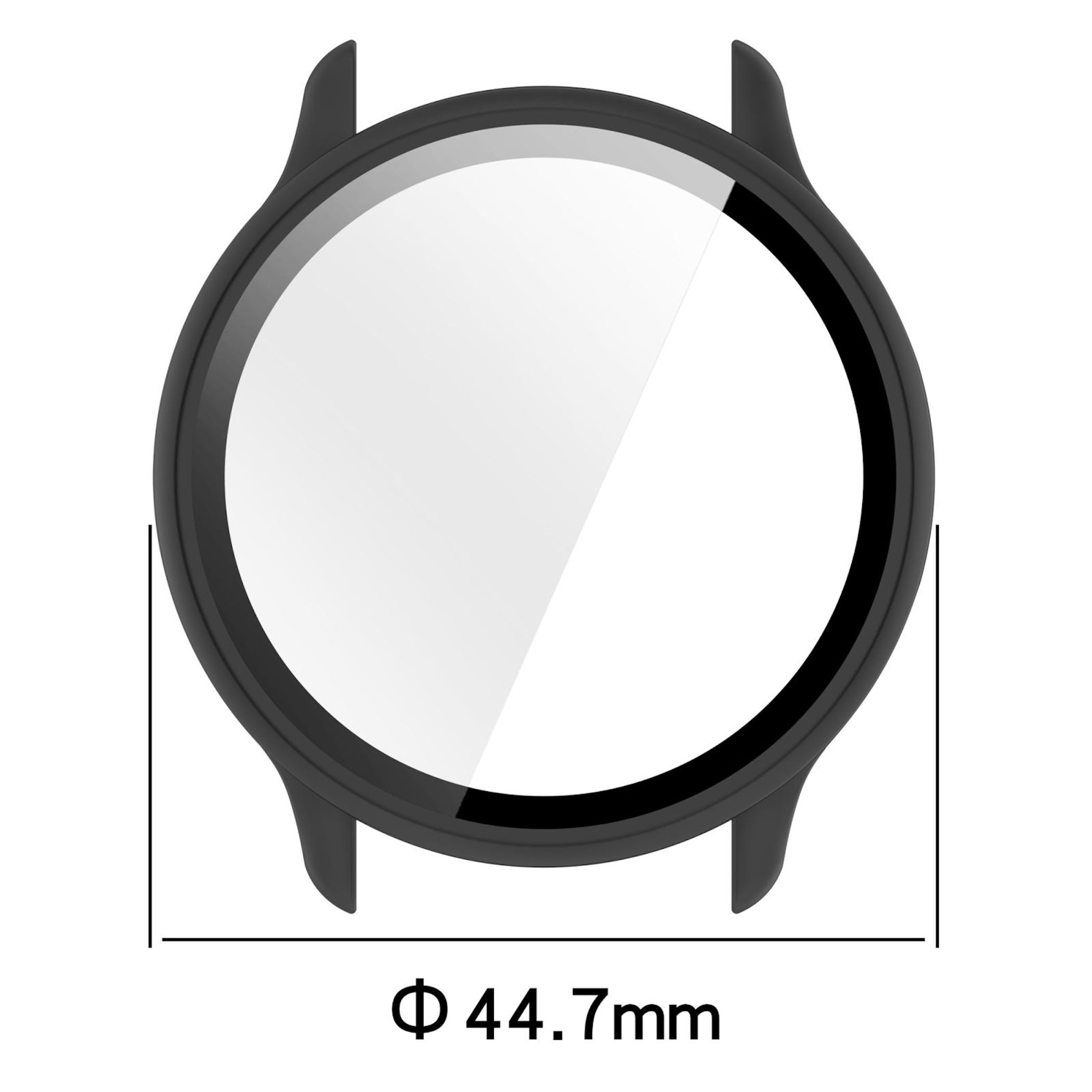 Eine schwarze, runde Uhr mit silbernem Zifferblatt und Maßen.