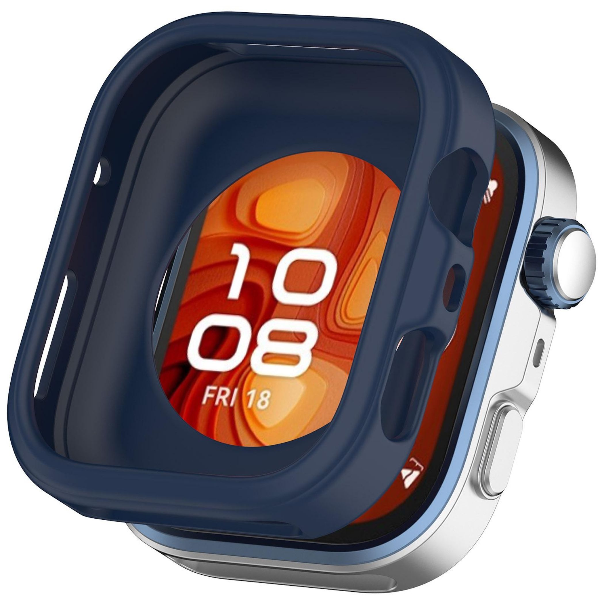 Una custodia protettiva blu su uno smartwatch con quadrante arancione.