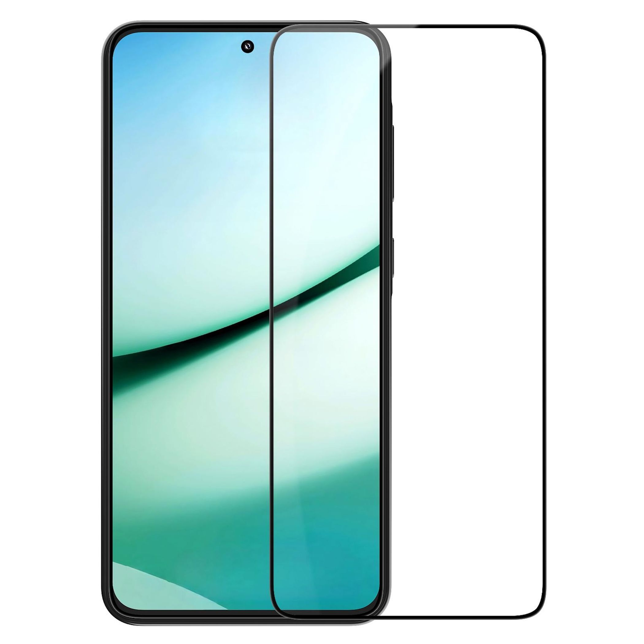Ein schwarzer Smartphone-Bildschirmschutz aus Glas ist auf einem weißen Hintergrund zu sehen.