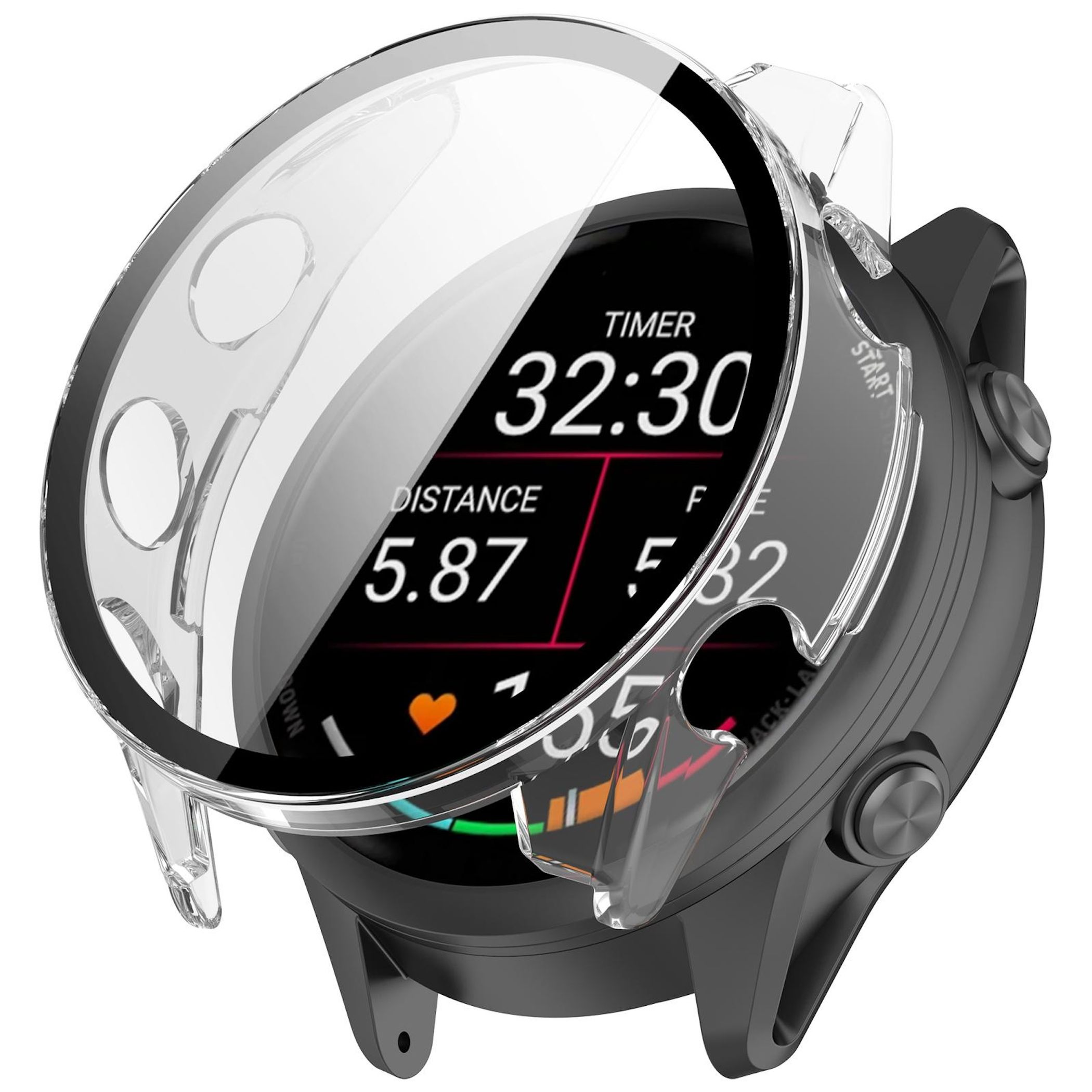 Eine schwarze Smartwatch mit transparentem Schutzgehäuse, die Timer und Distanz anzeigt.