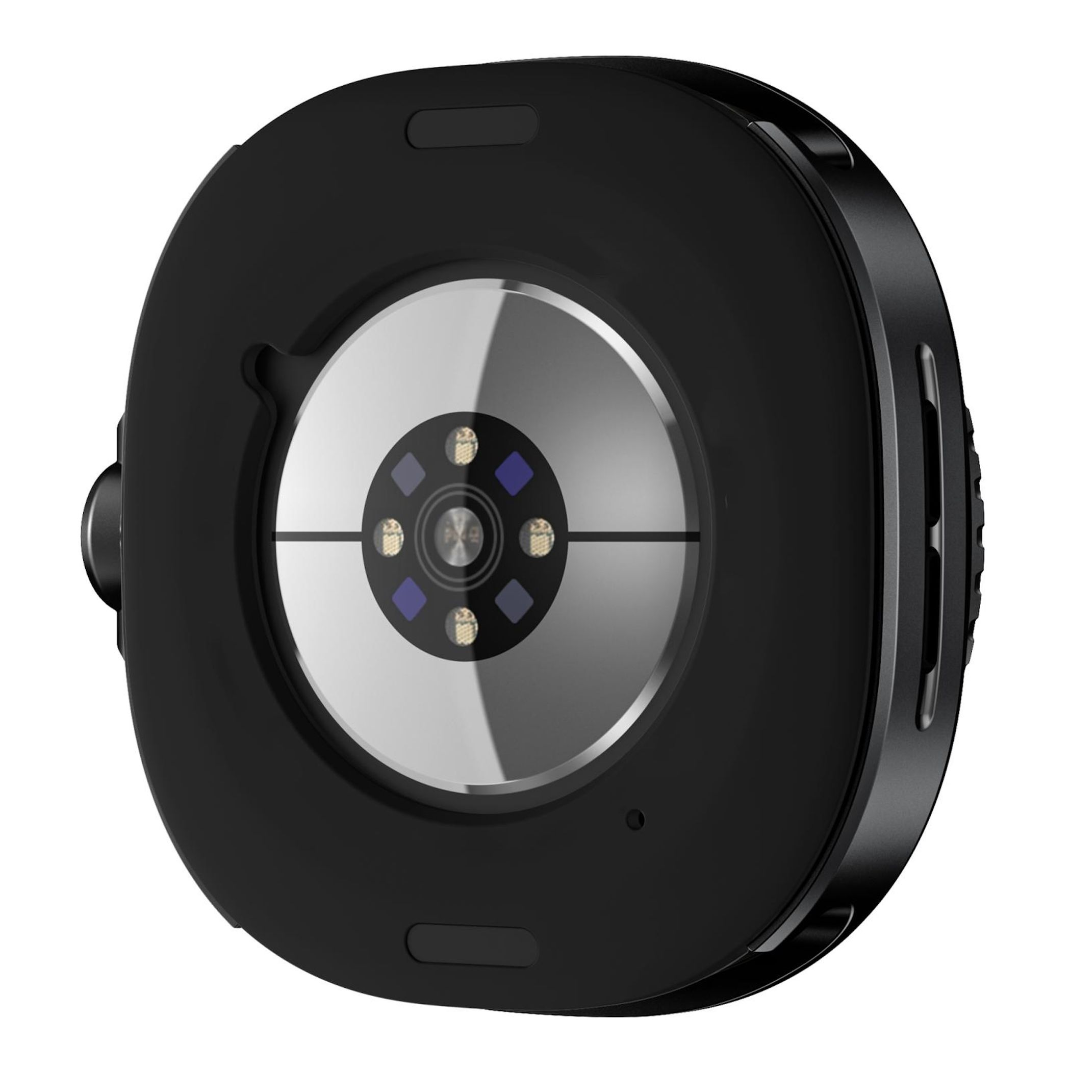 Rückseite eines schwarzen Smartwatches mit Herzfrequenzsensor.