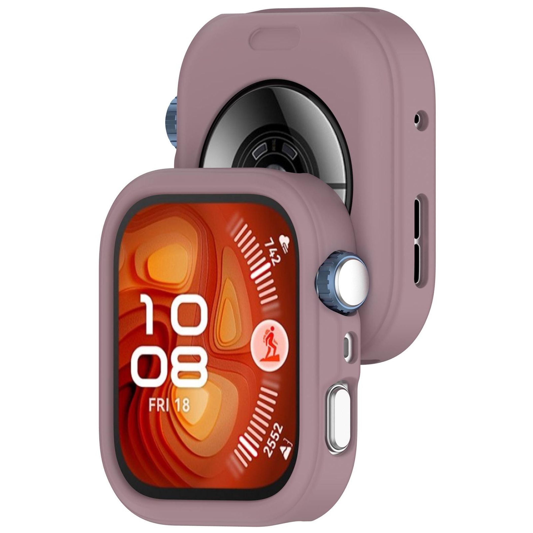Una custodia protettiva color malva per uno smartwatch con quadrante digitale arancione.