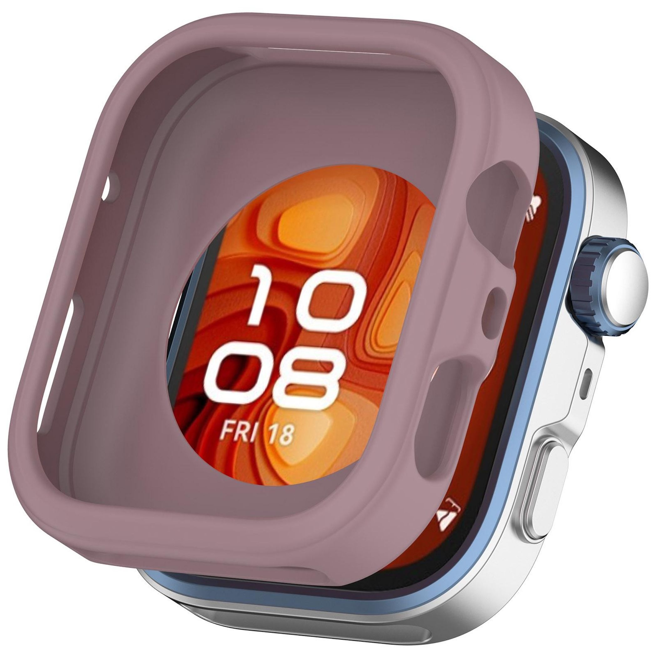Una custodia protettiva rosa su uno smartwatch con quadrante arancione.