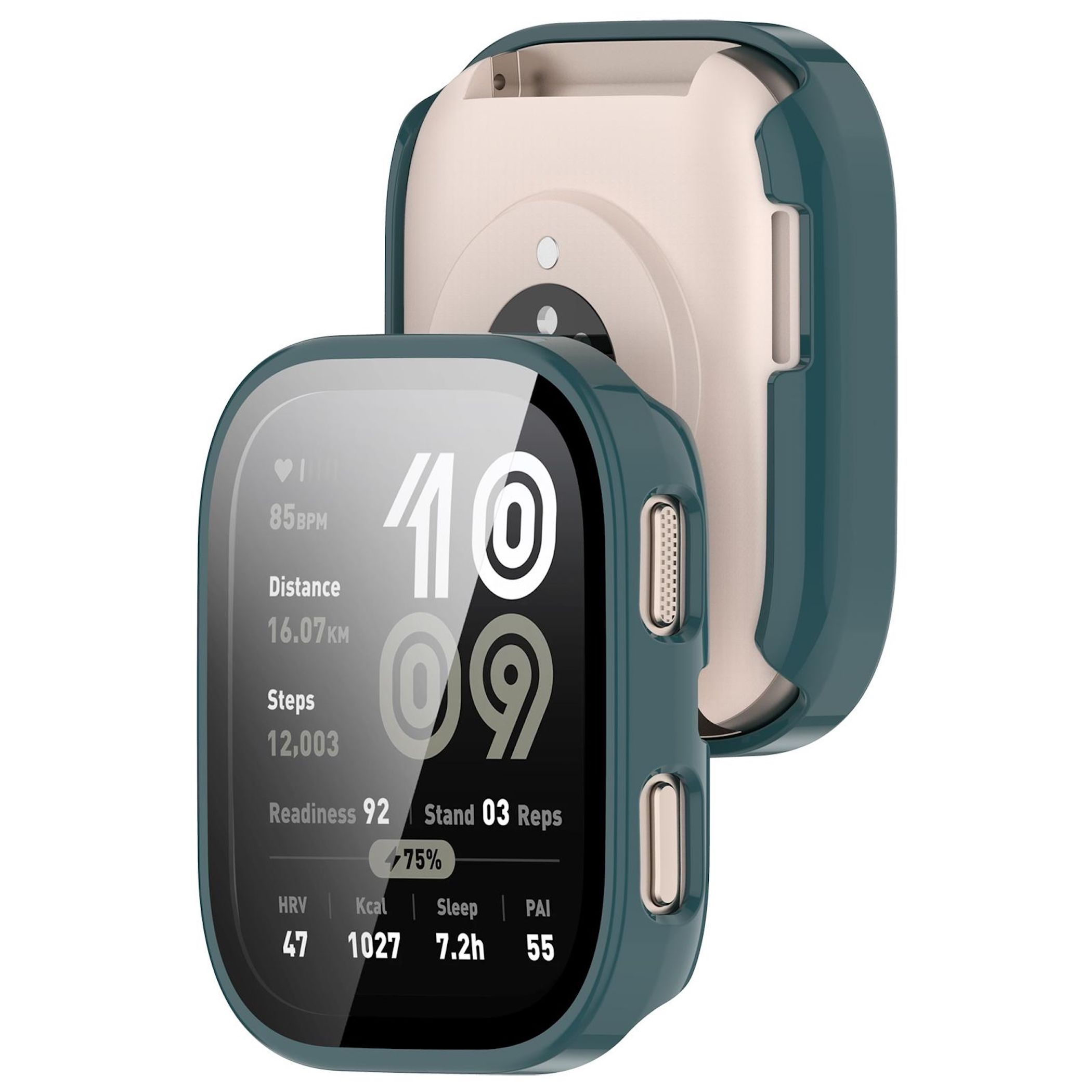 Smartwatch in cassa verde: 85 BPM, 16,07 km, 12.003 passi, 75% batteria.