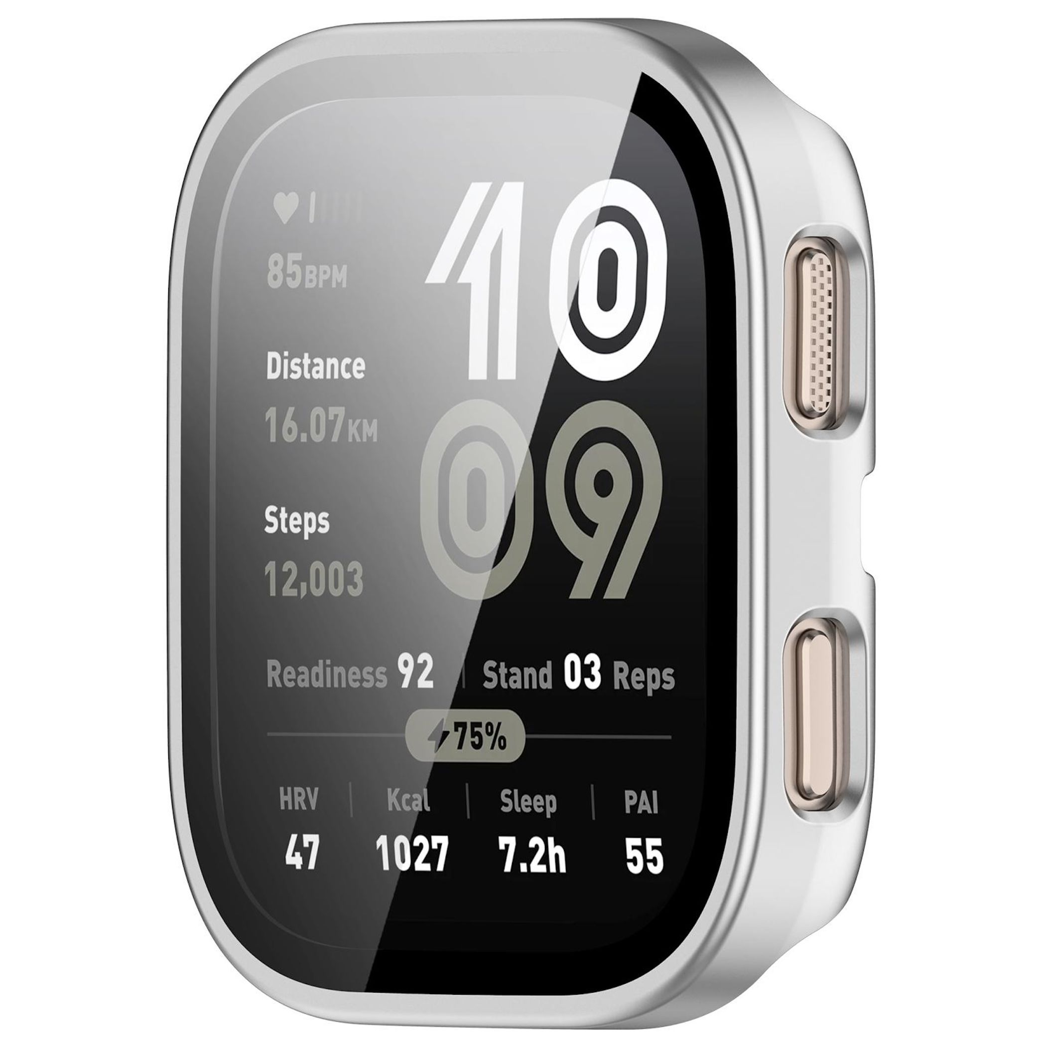 Schermo smartwatch mostra 85 BPM, 16,07 km distanza, 12.003 passi, 92 readiness, 3 ripetizioni.