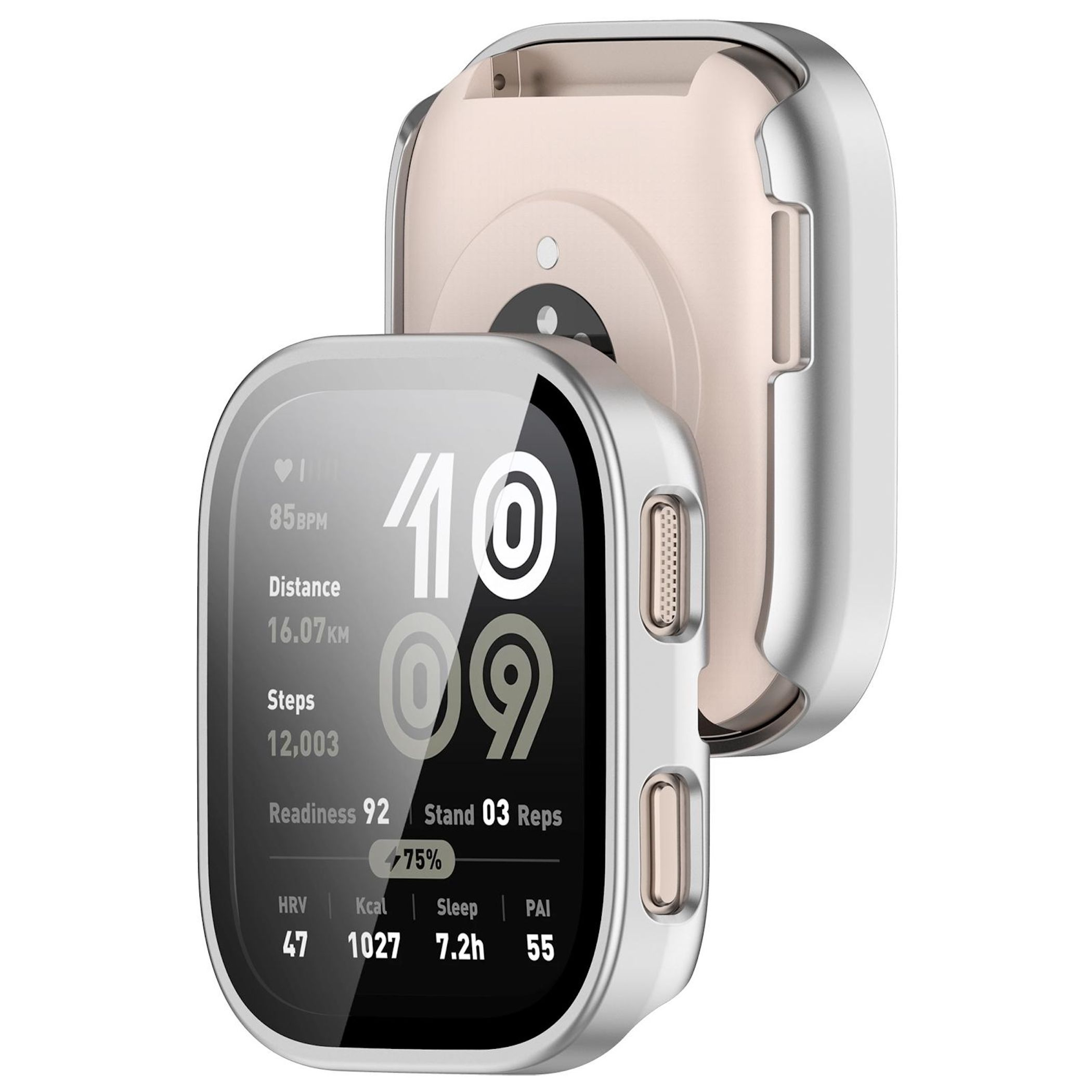 Fitness tracker con battito cardiaco, distanza, passi e punteggio prontezza.