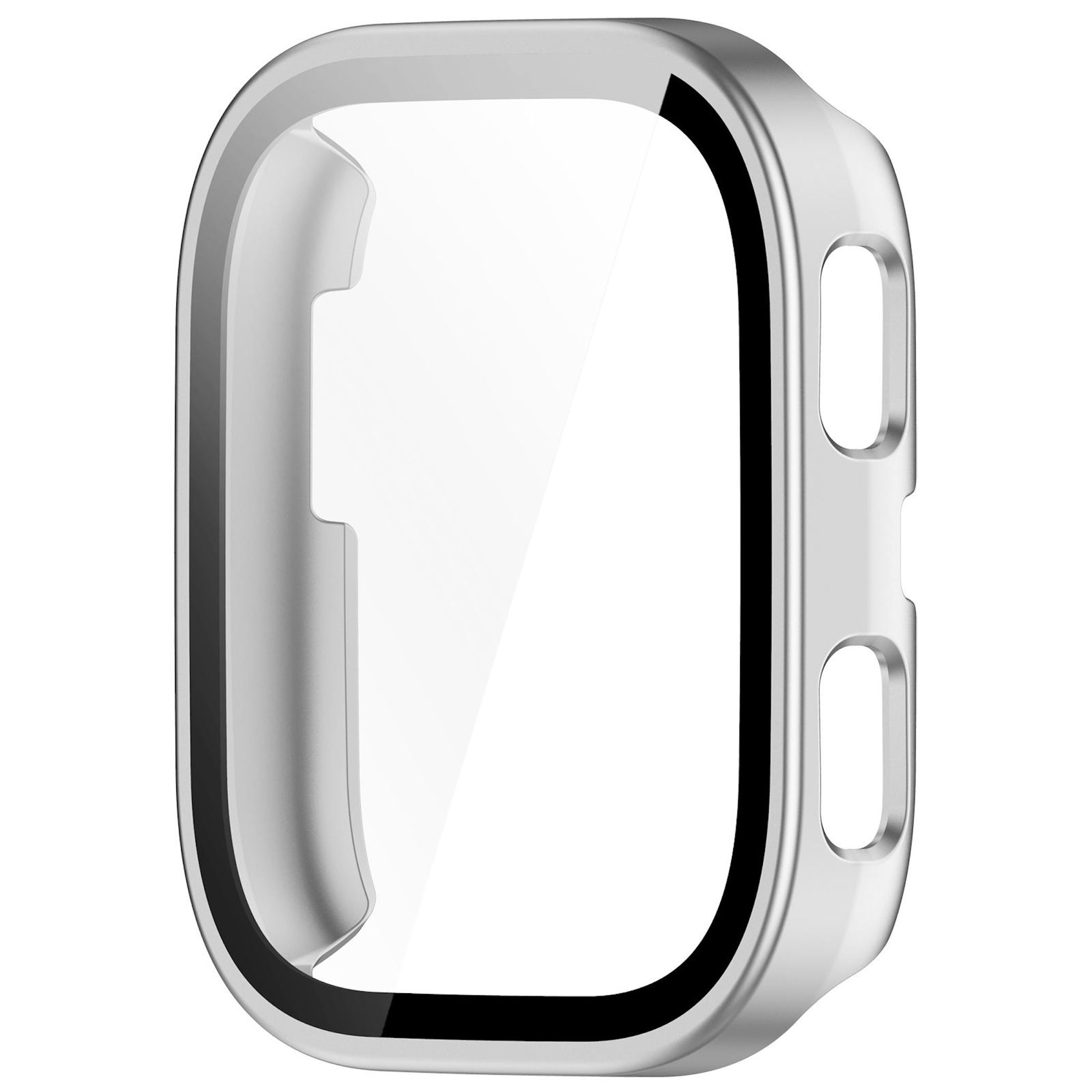 Custodia argentata per smartwatch con ritagli per pulsanti.