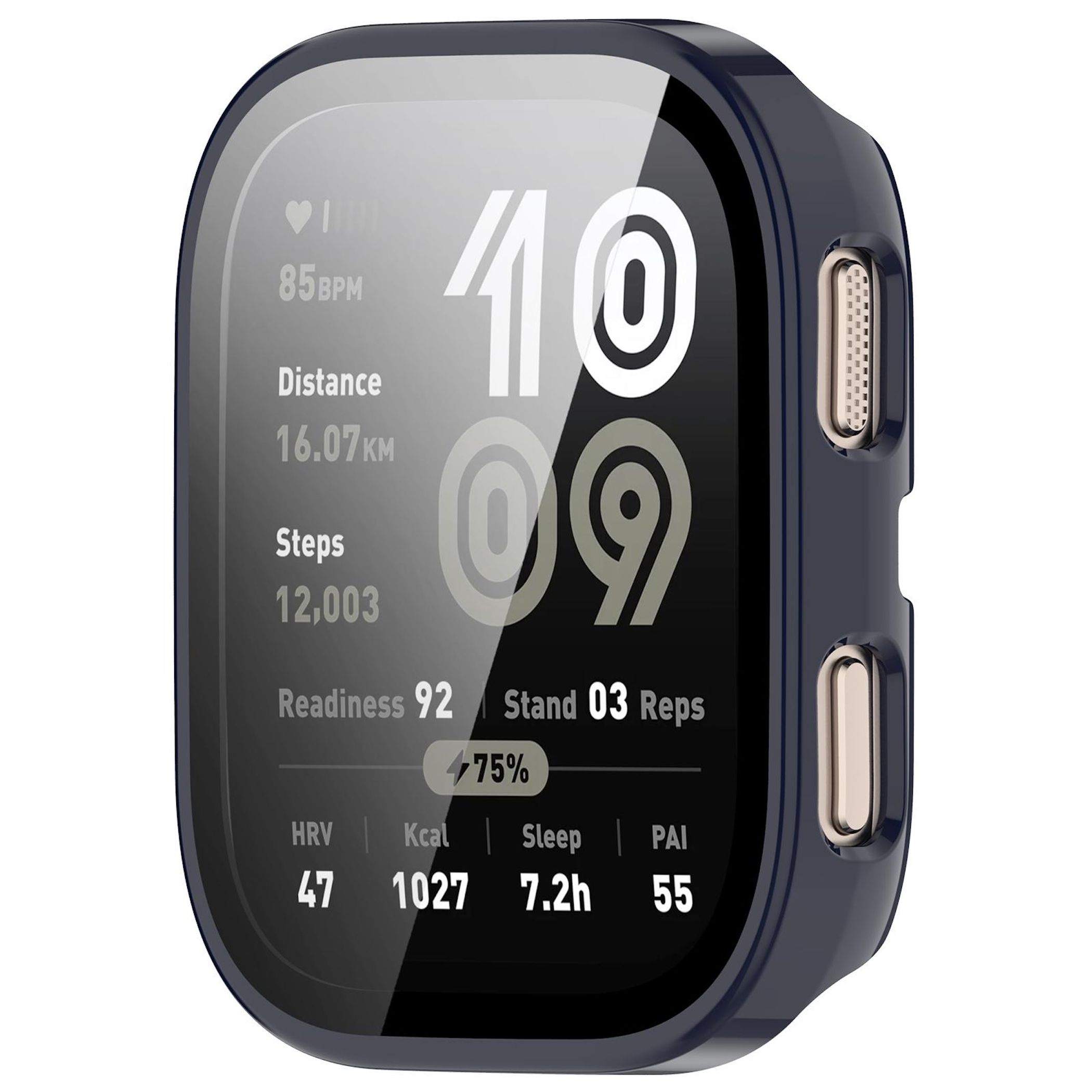 Uno smartwatch blu scuro mostra dati: battito cardiaco, distanza, passi e ore di sonno.
