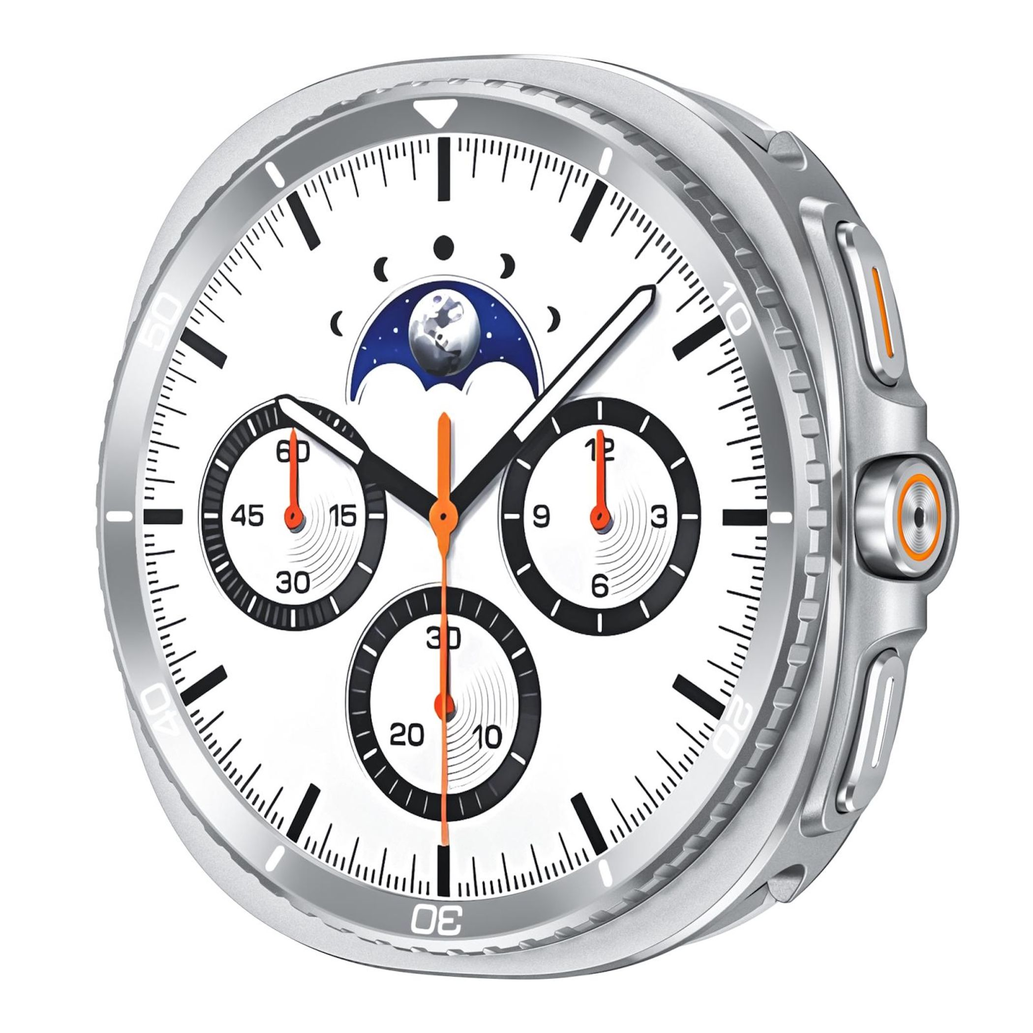 Silberne Smartwatch mit weißem Zifferblatt und Mondphasenanzeige.