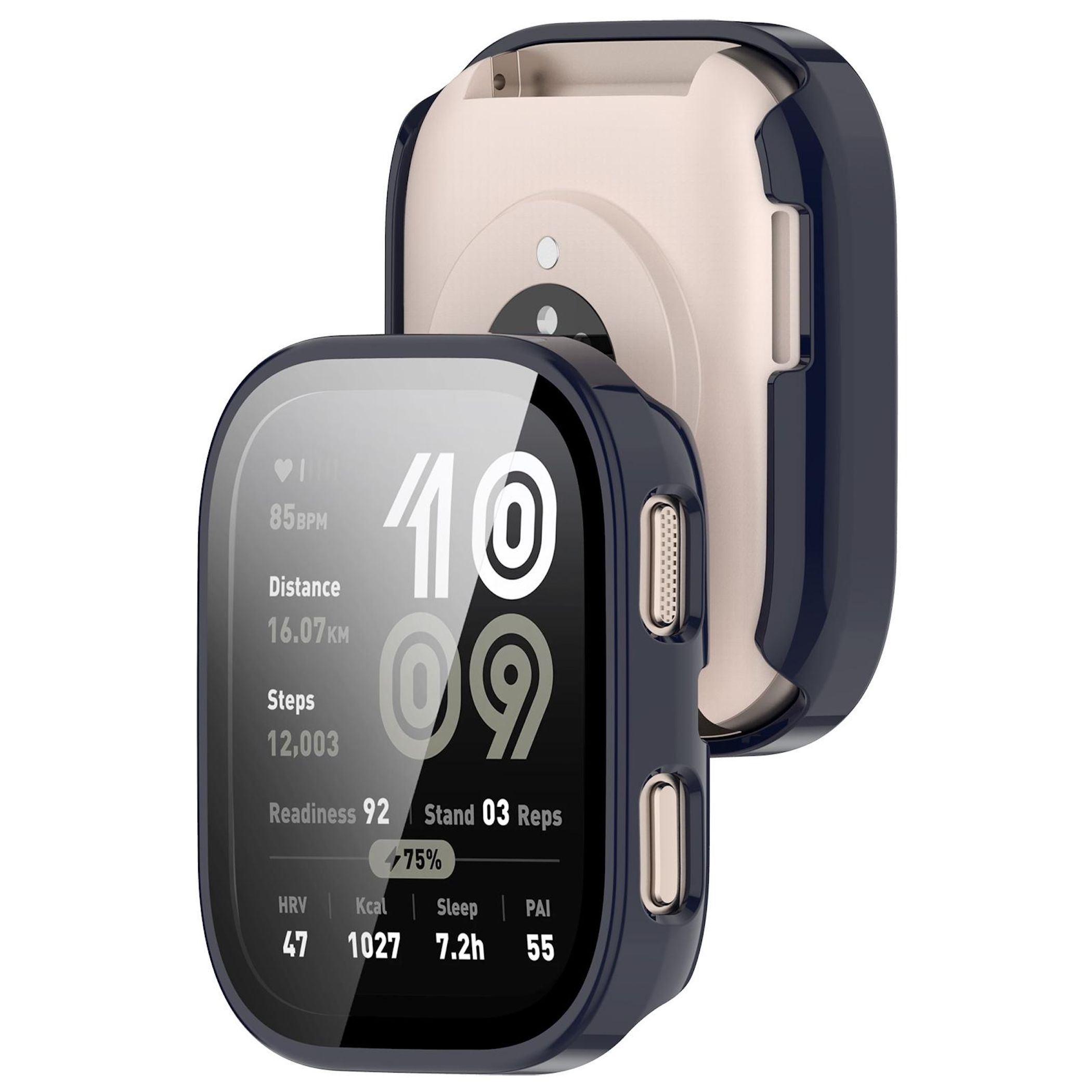 Una protezione per smartwatch blu scuro con dettagli argentati e quadrante luminoso.