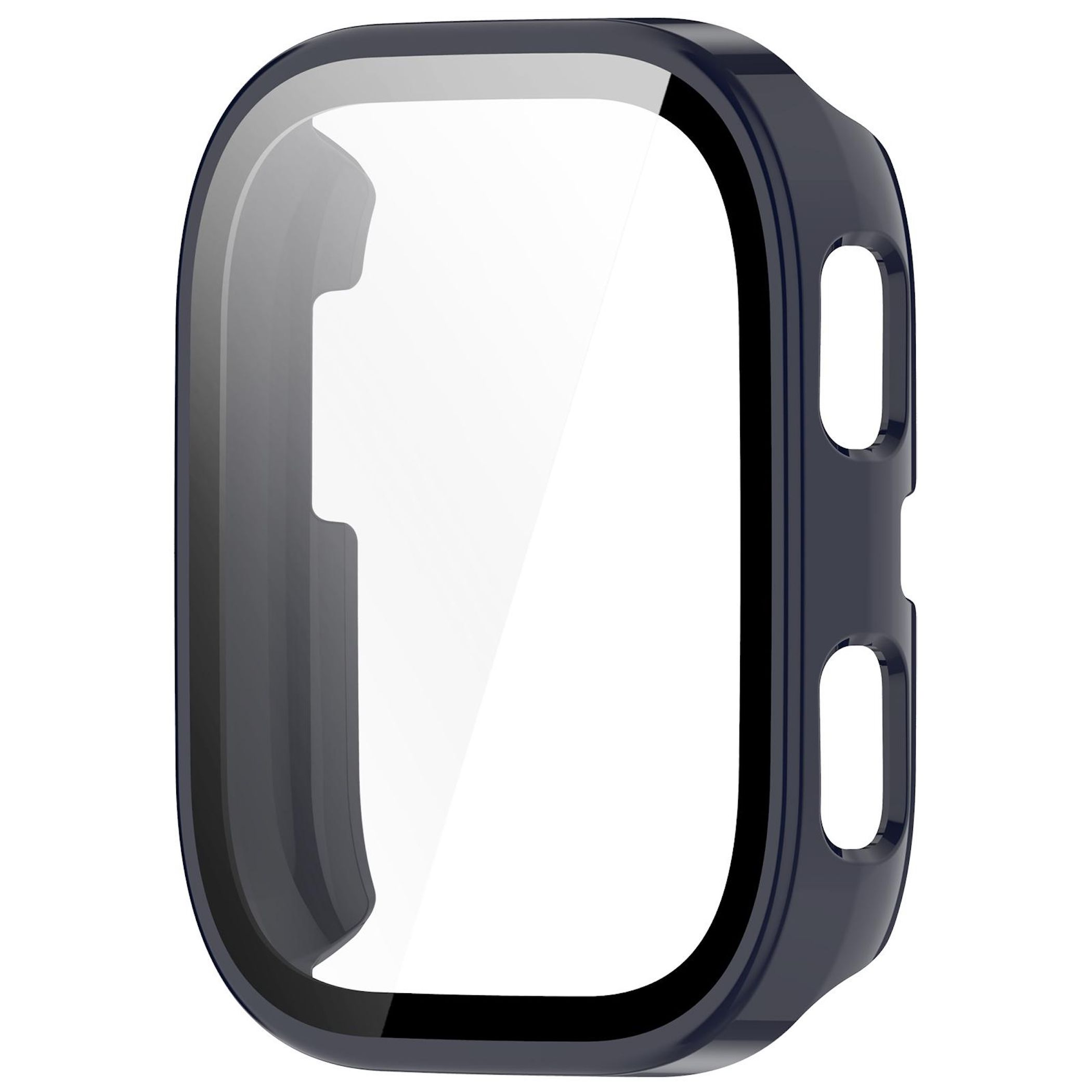 Custodia protettiva blu scuro per smartwatch con area schermo trasparente.