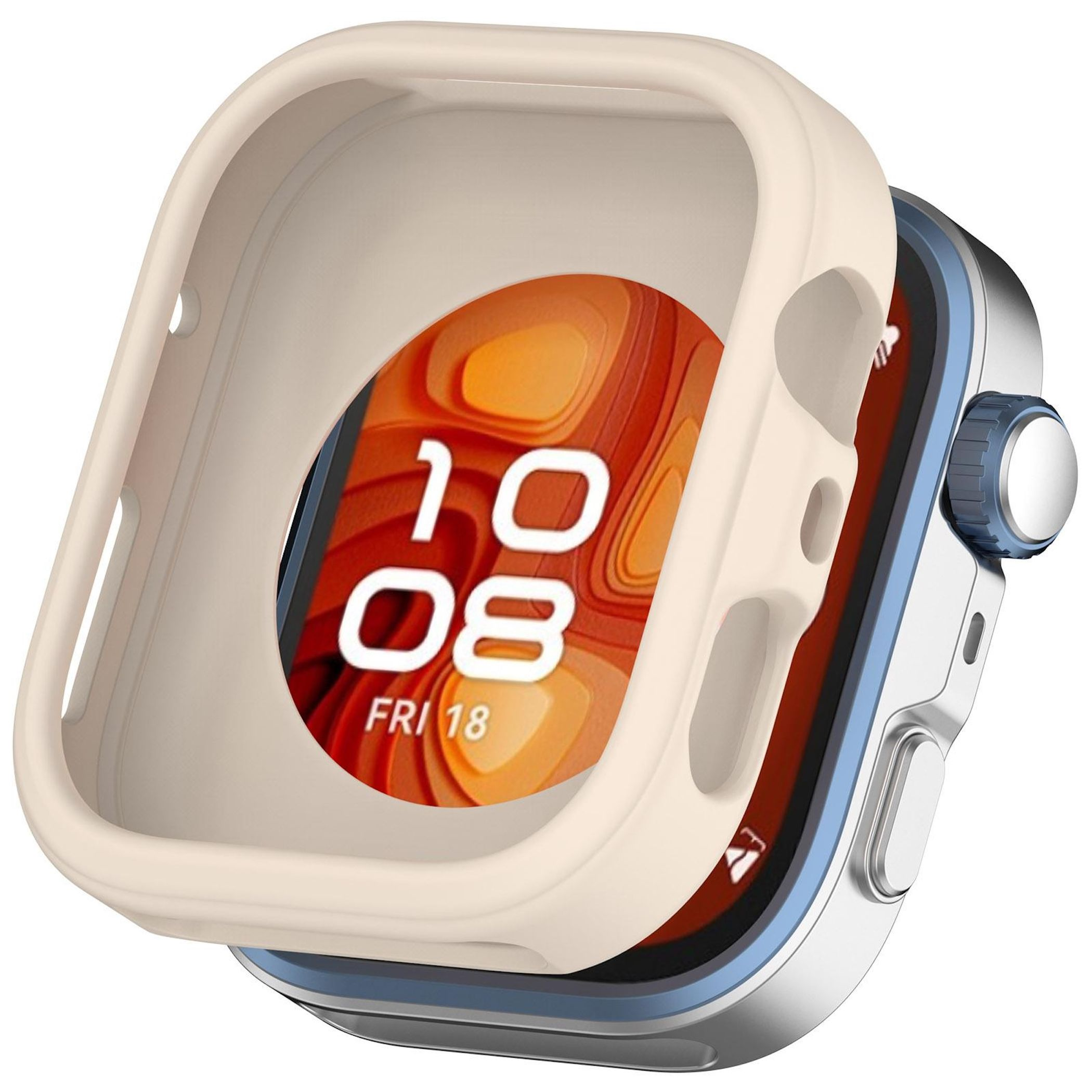 Smartwatch argento con custodia protettiva color crema e quadrante arancione.
