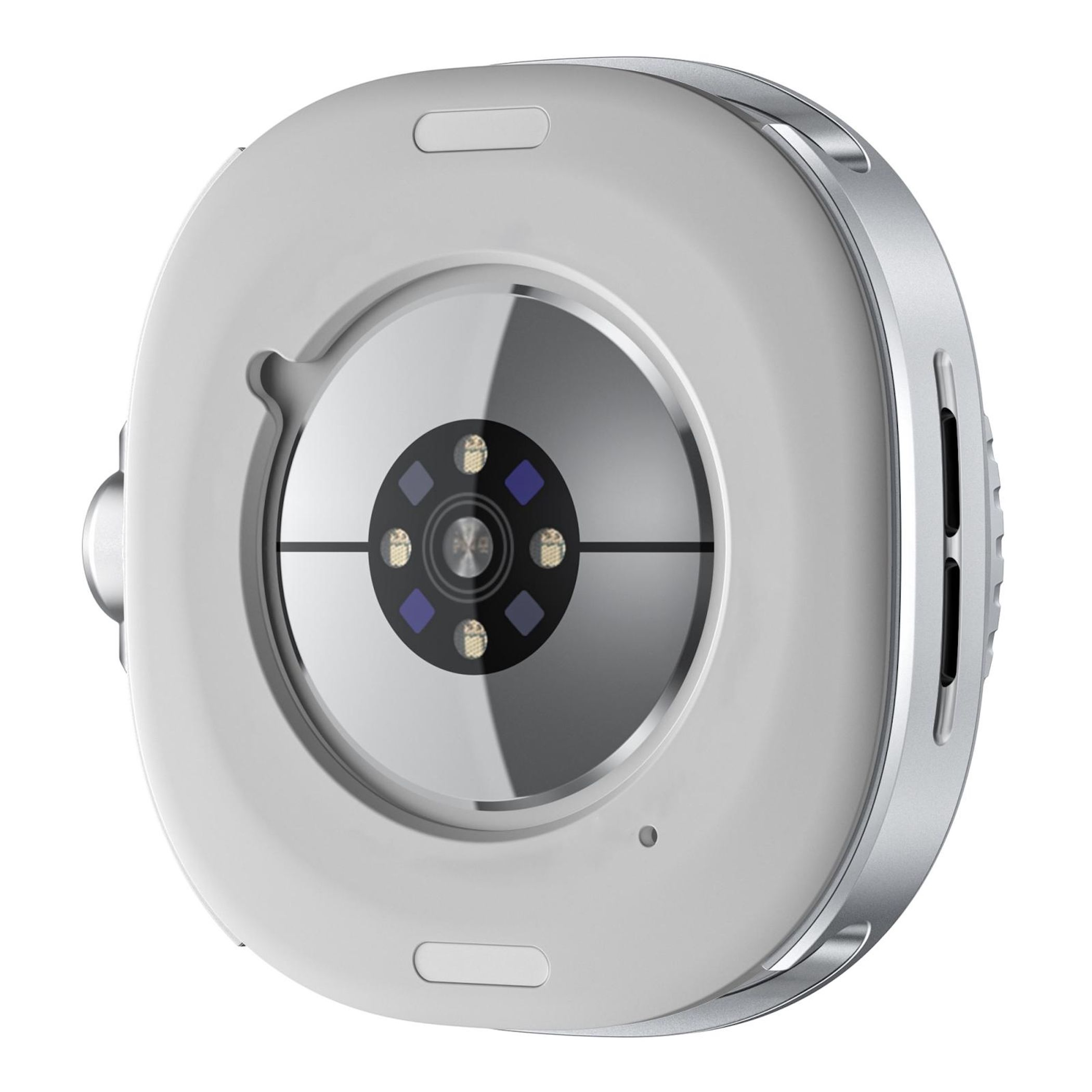Rückseite eines weißen Geräts mit silbernem Rand und kreisförmigem Sensor.