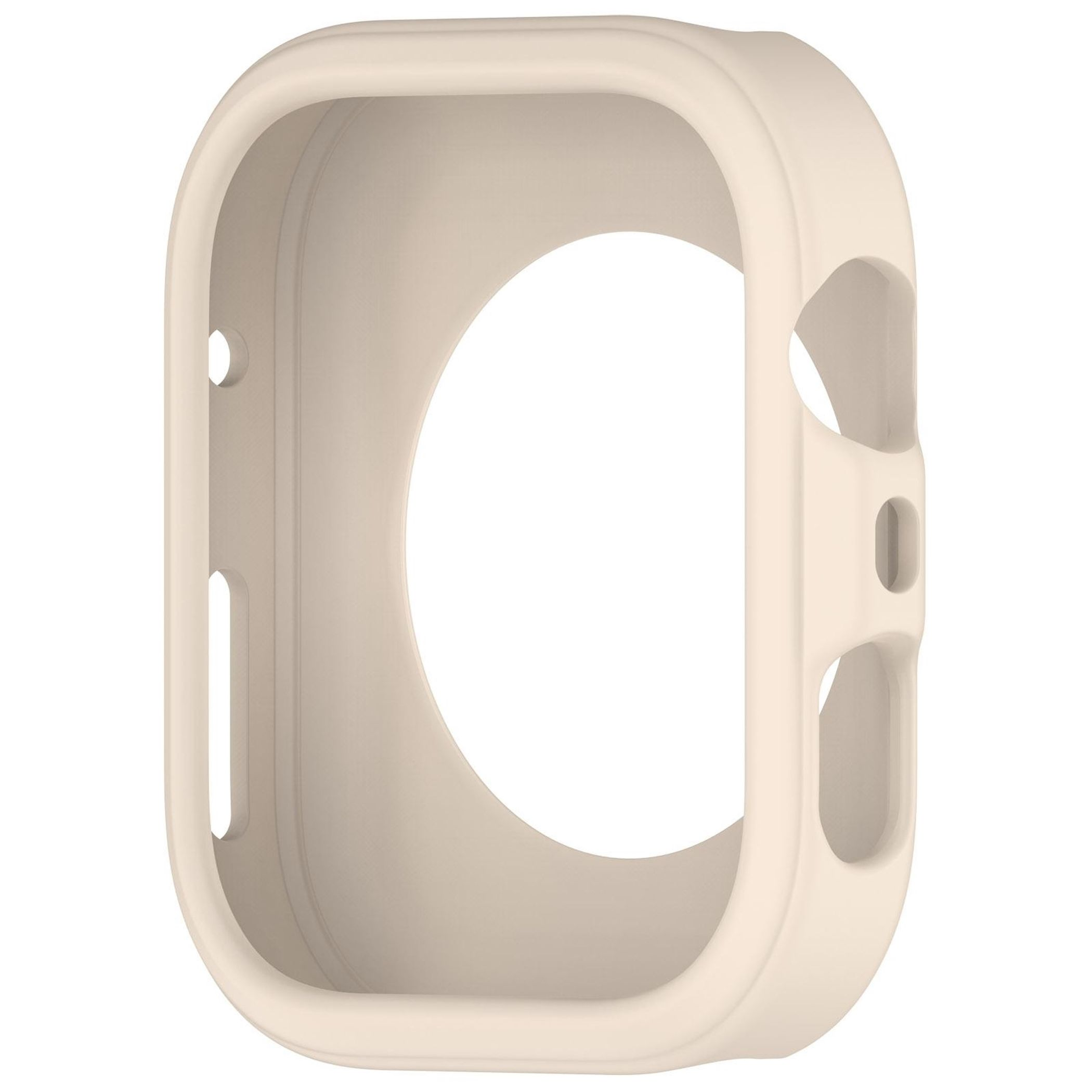 Una custodia protettiva color crema per uno smartwatch con ritagli.