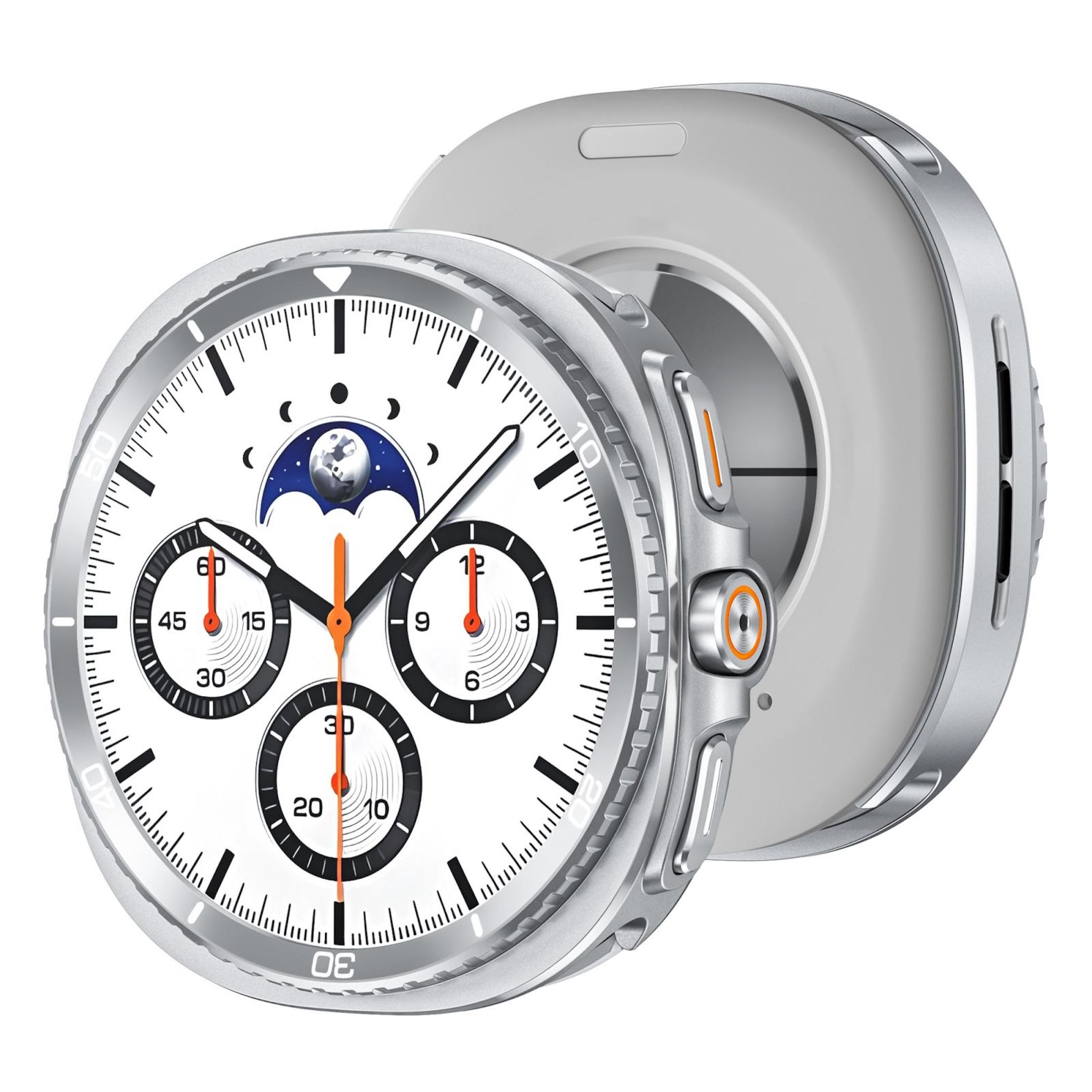 Silberne Smartwatch mit weißem Zifferblatt und Mondphasenanzeige.