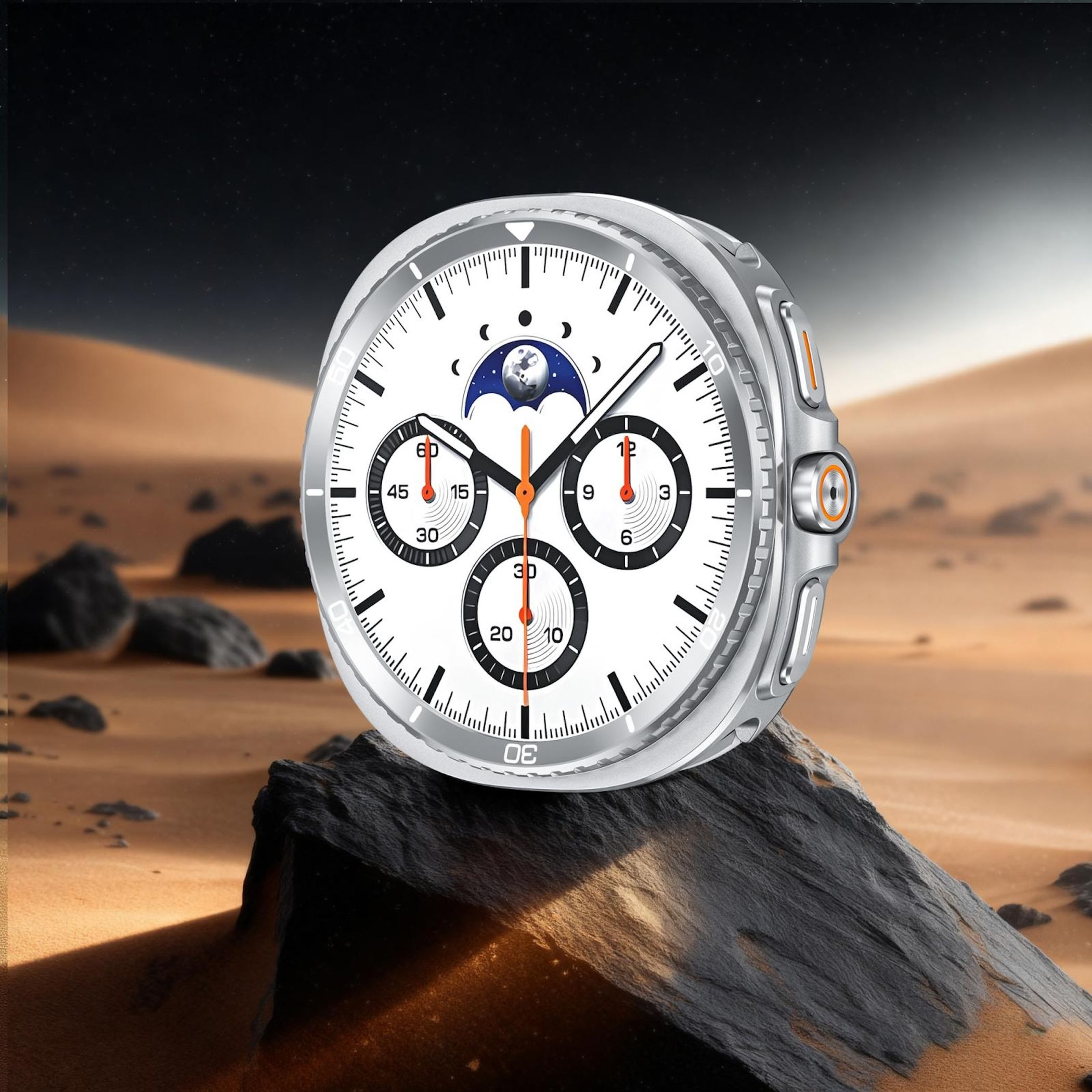 Eine silberne Smartwatch mit weißem Zifferblatt und Mondphasenanzeige auf felsigem Boden.