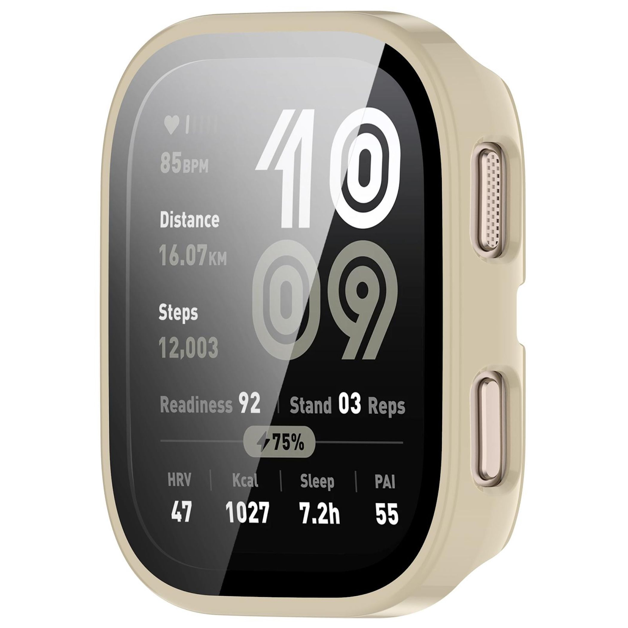 Uno smartwatch beige mostra battito cardiaco, distanza, passi, calorie, sonno e PAI.
