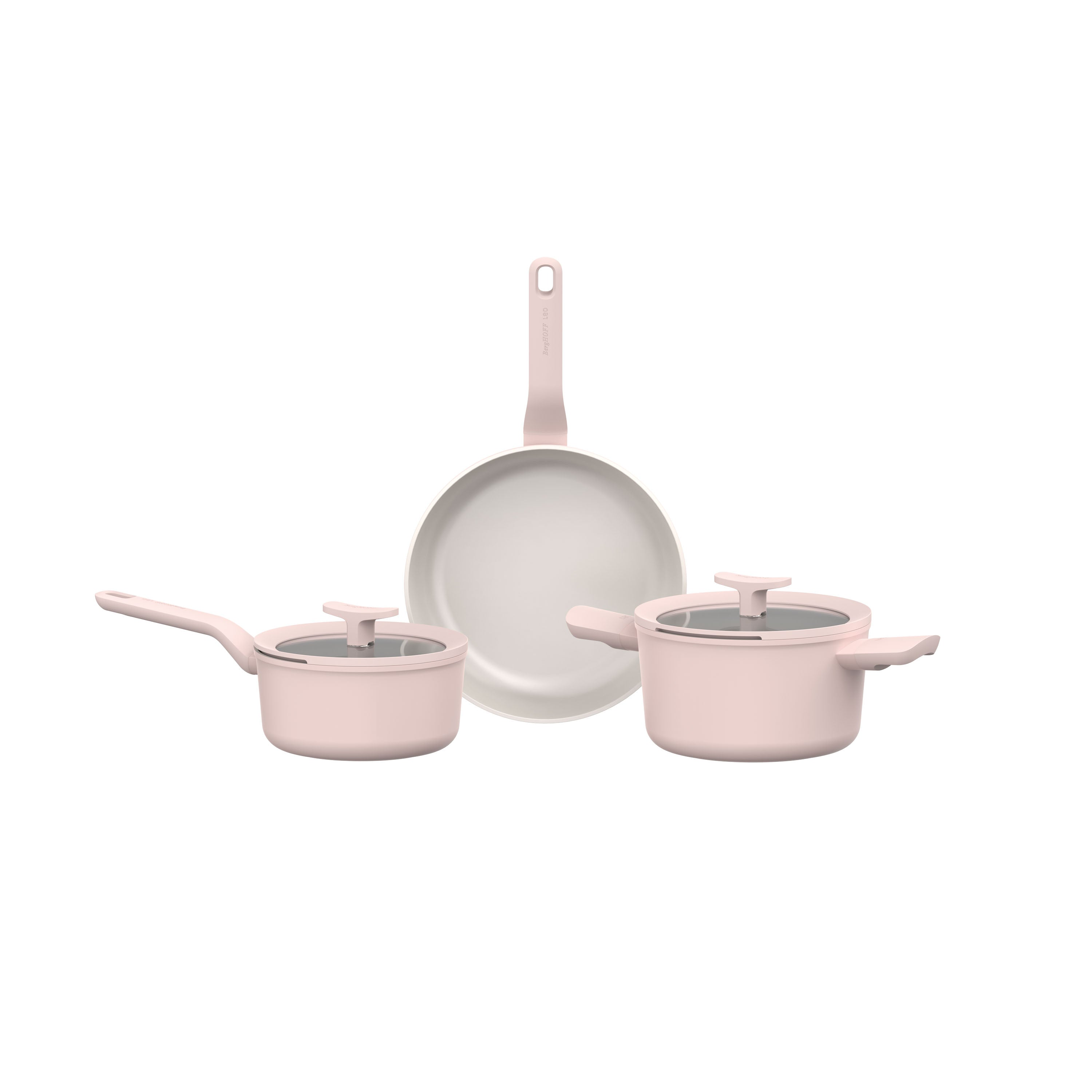 Three pink cookware items: a large pot, a small pot, and a frying pan.