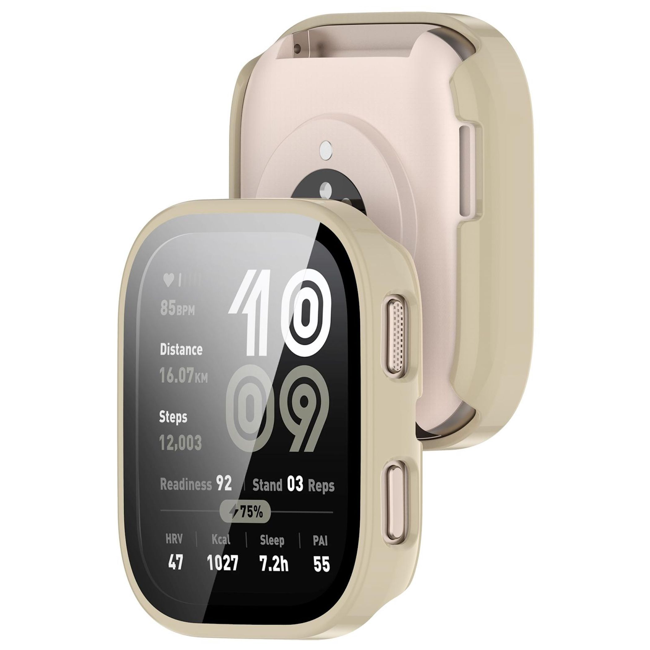 Uno smartwatch beige chiaro che mostra dati di fitness sullo schermo.