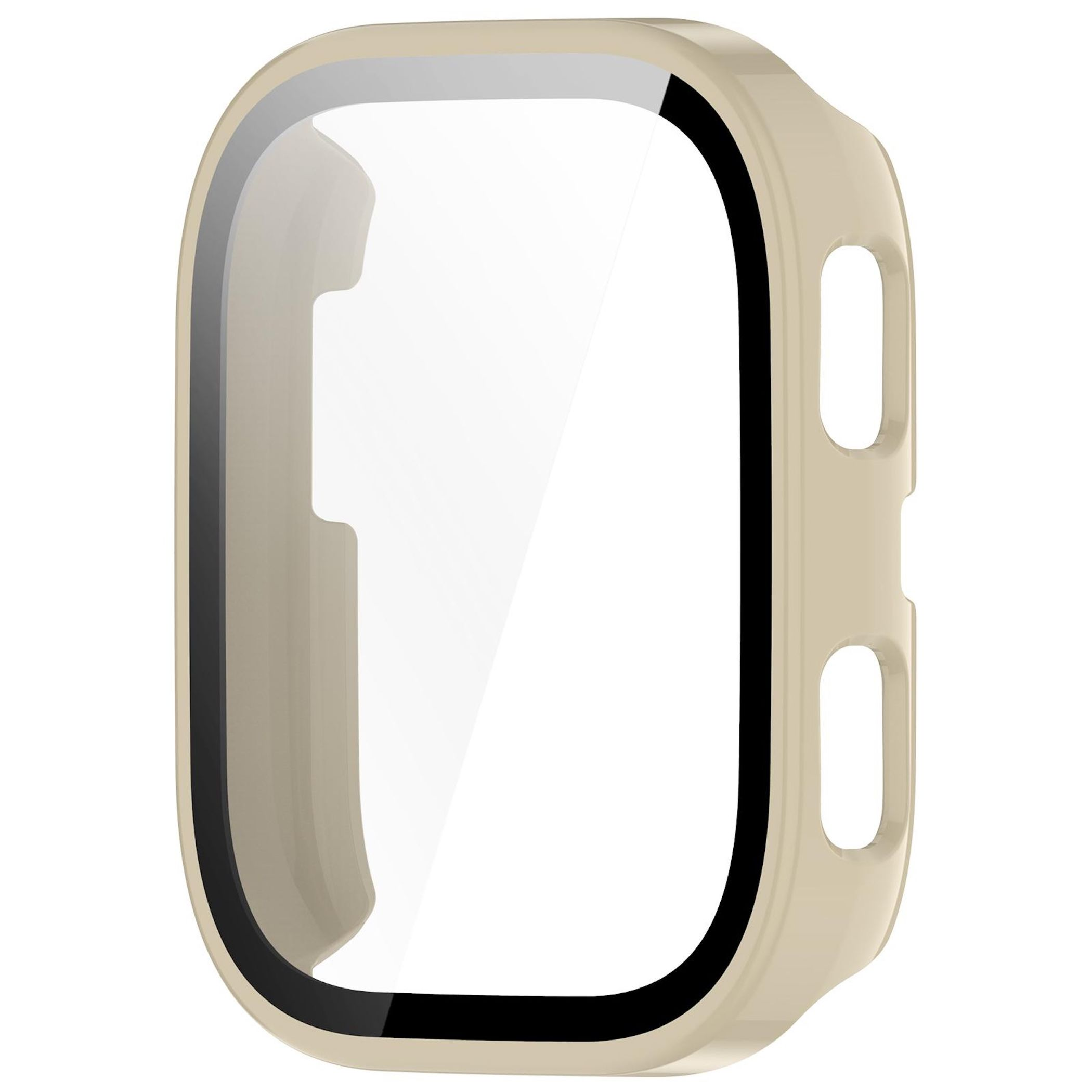 Custodia protettiva beige per smartwatch con bordo nero.