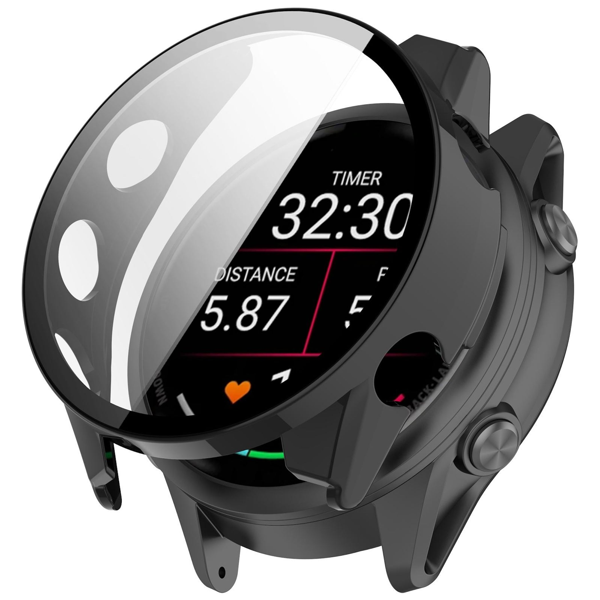 Schwarze Smartwatch mit Schutzglas. Anzeige: Timer 32:30, Distanz 5.87.