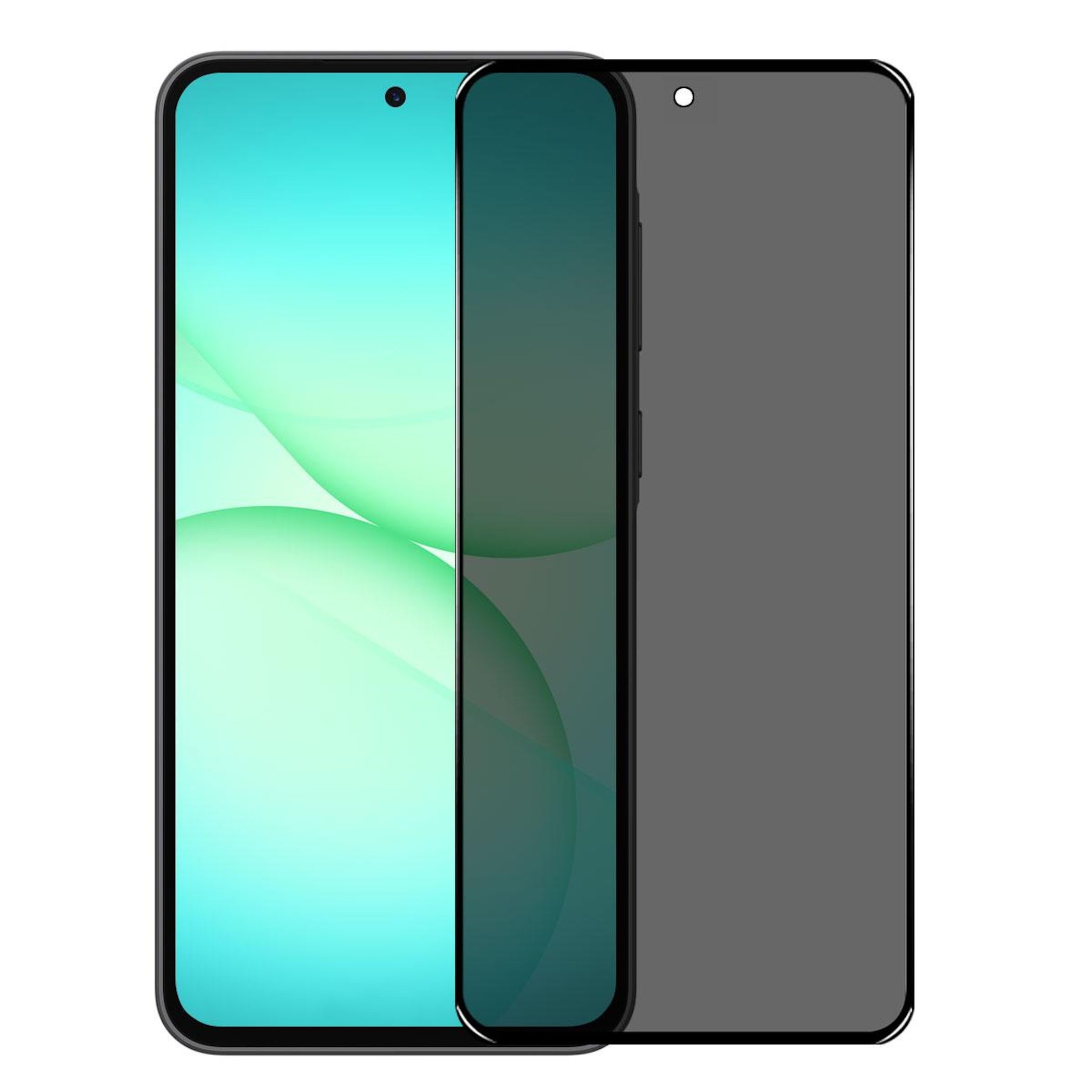 Zwei Handy-Displays mit Sichtschutzfolie, eines hellgrün, das andere dunkelgrau.